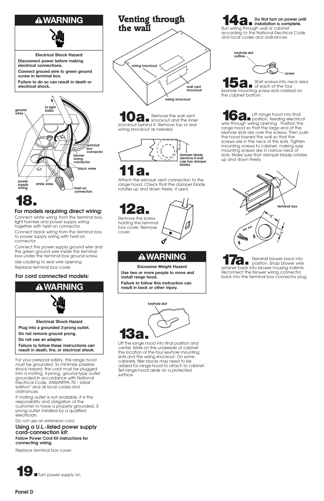 Whirlpool RH8336, RH8330 installation instructions 11a, 12a, 13a, Venting through the wall, Panel D 