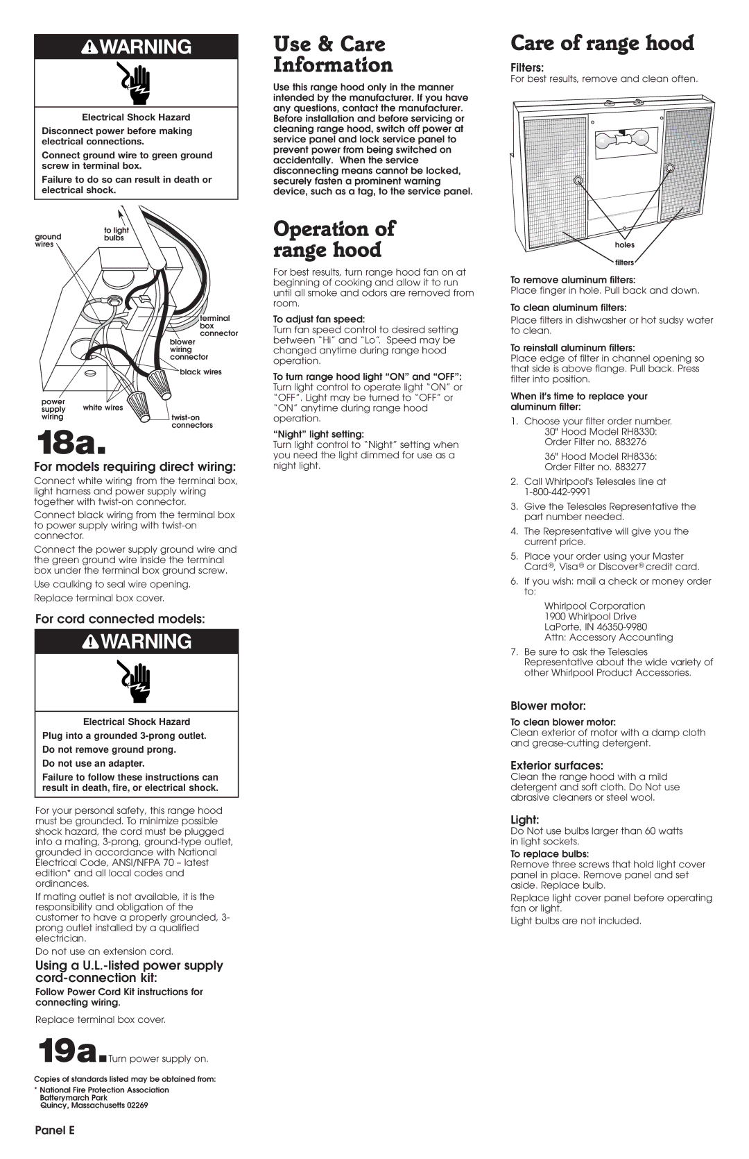 Whirlpool RH8330, RH8336 installation instructions 18a, Use & Care Information, Care of range hood, Operation of range hood 