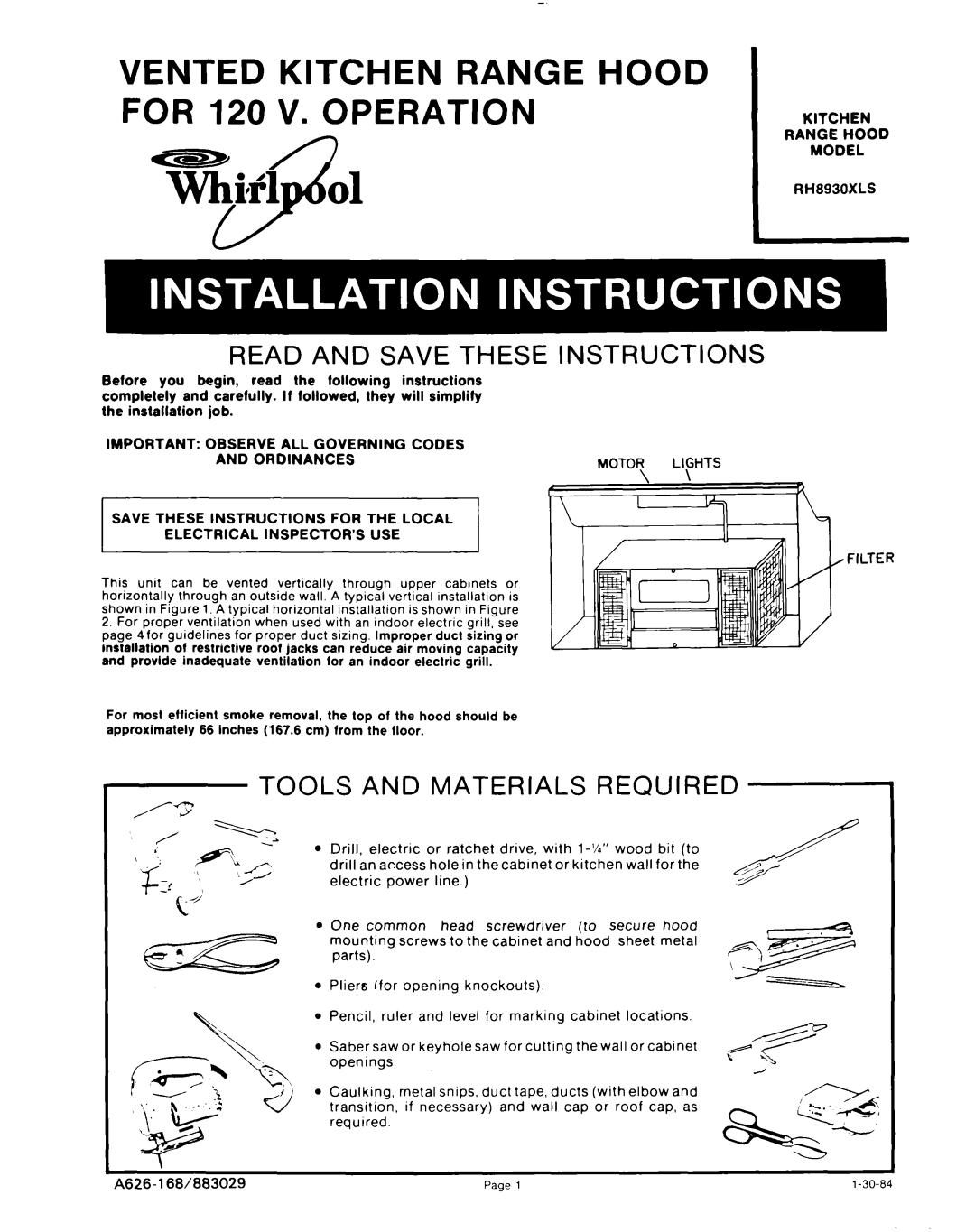 Whirlpool manual Kitchen Range Hood Model RH8930XLS, Motor Lights Filter 