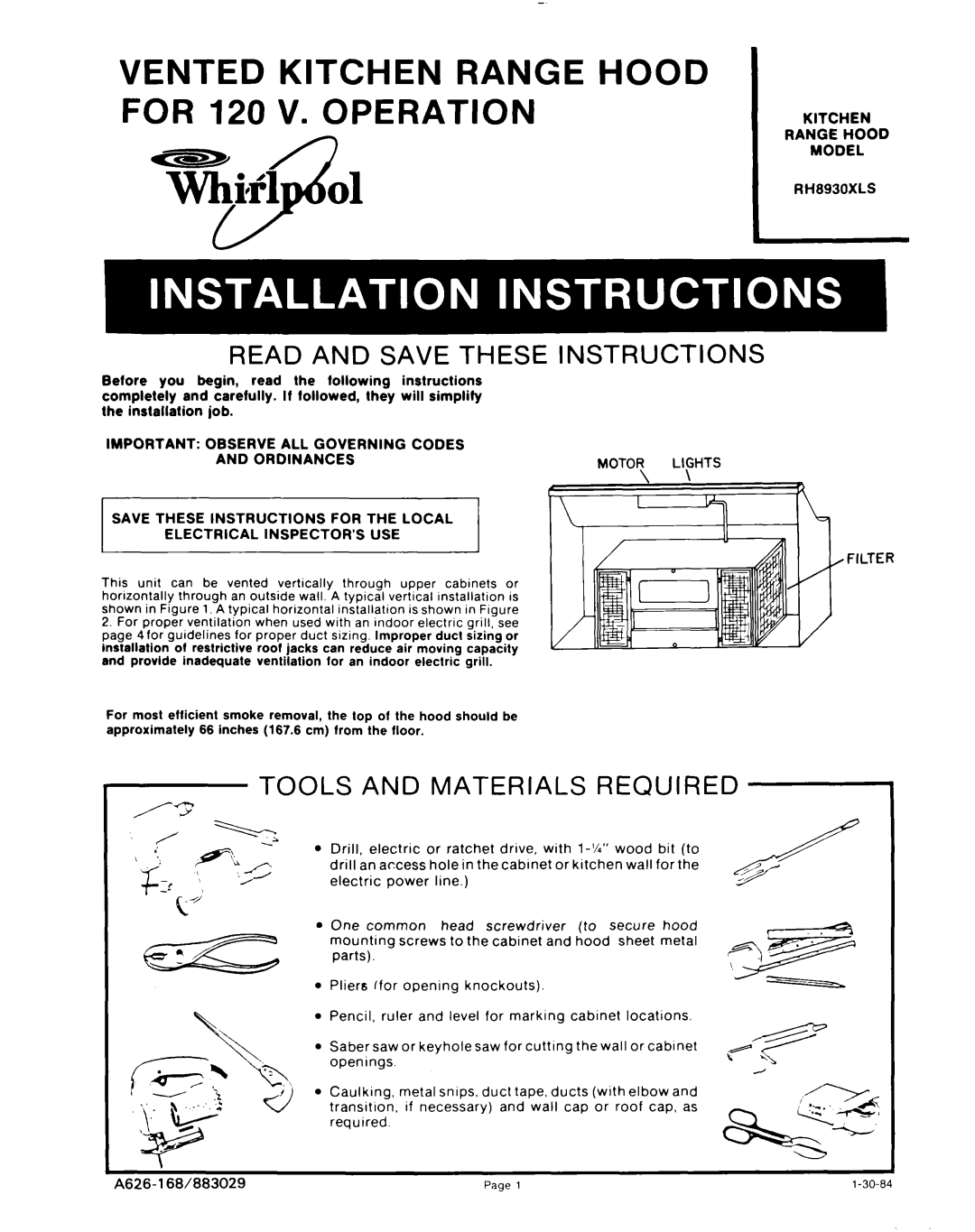 Whirlpool RH8930XLS manual Required, VENTED KITCHEN RANGE HOOD FOR 120 V. OPERATION, Read And Save These, Instructions 