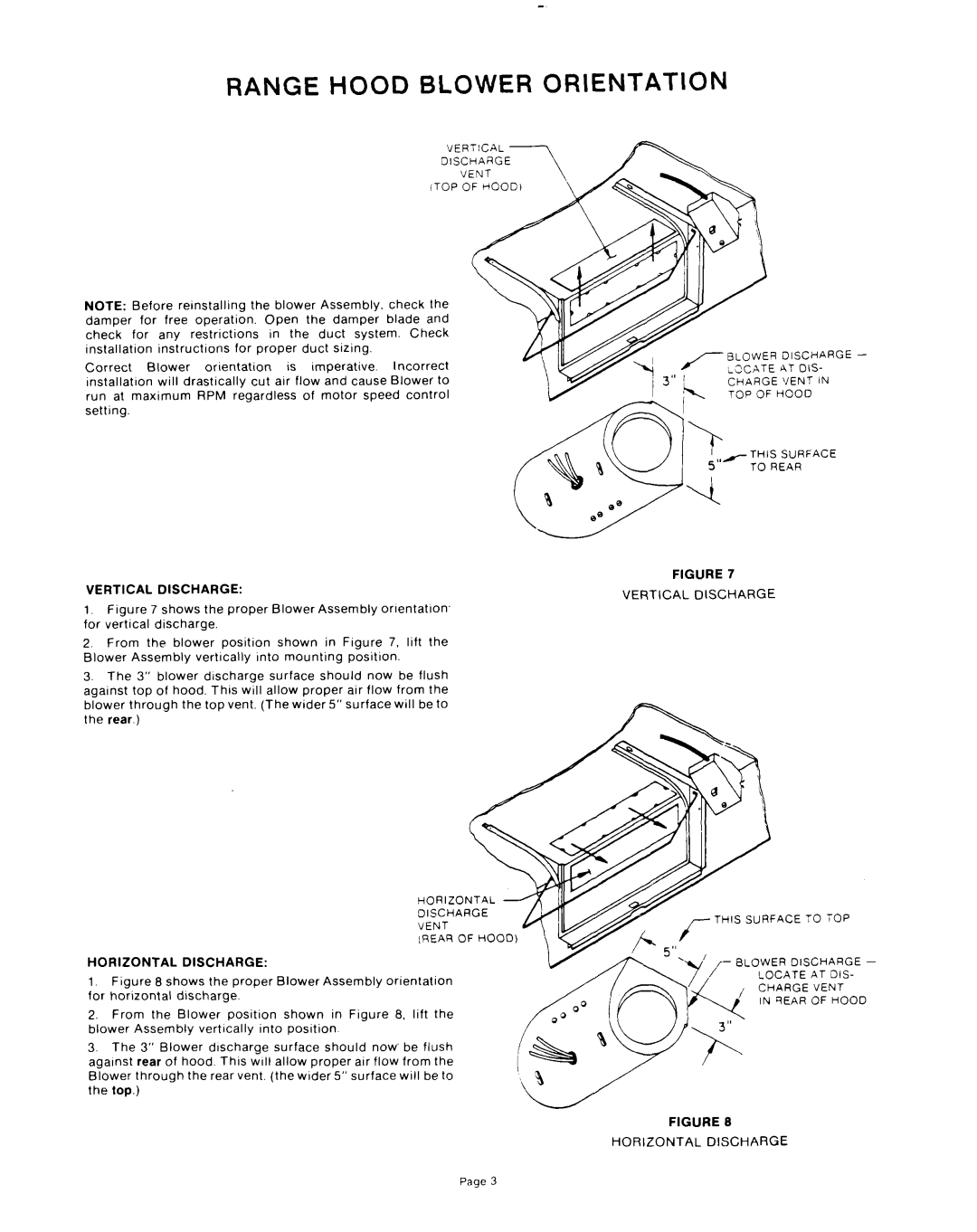 Whirlpool RH8930XLS manual Range Hood Blower Orientation, Vertical Discharge, Horizontal Discharge 
