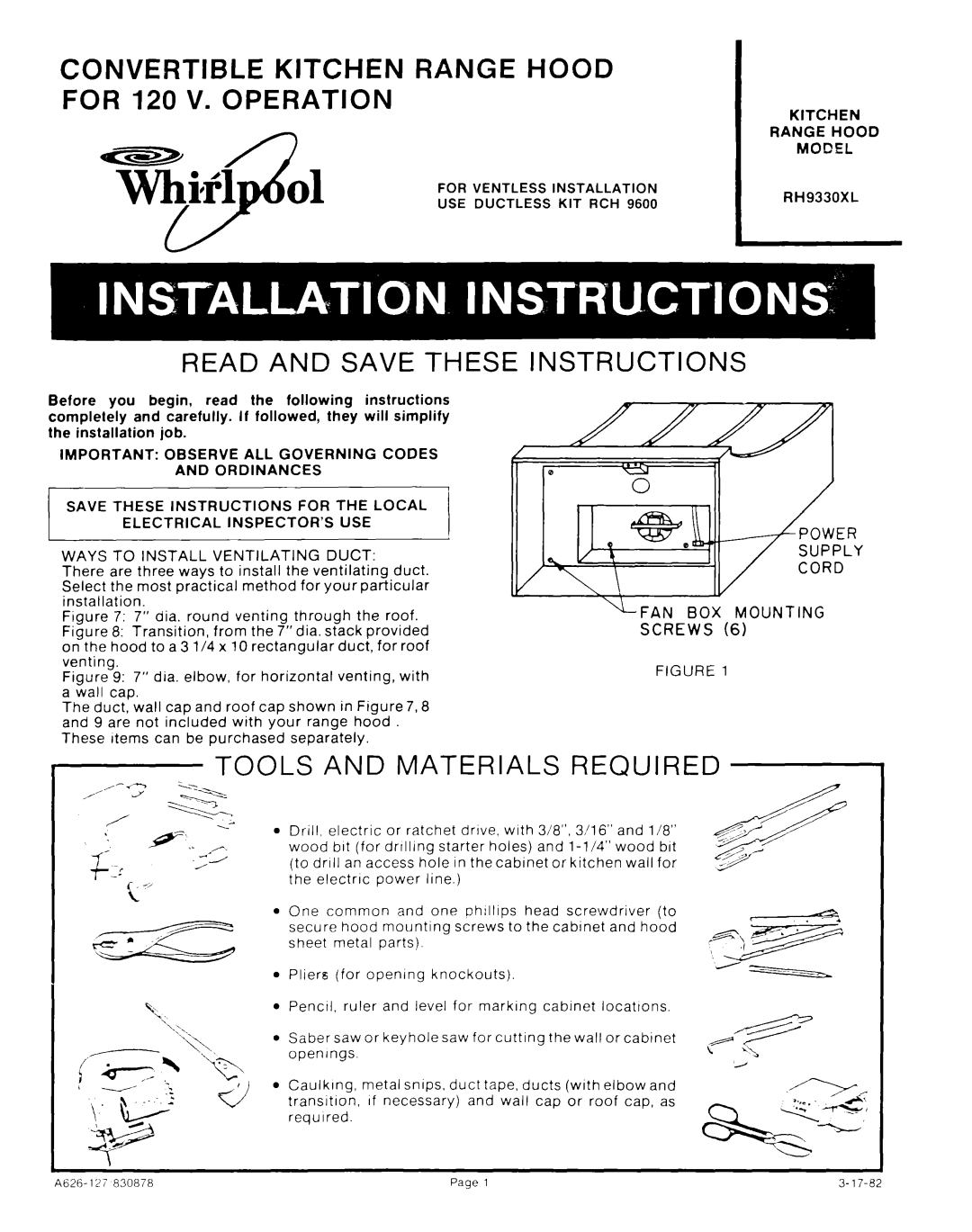 Whirlpool RH9330XL manual Kitchen Range Hood Model For Ventless Installation, USE Ductless KIT RCH 