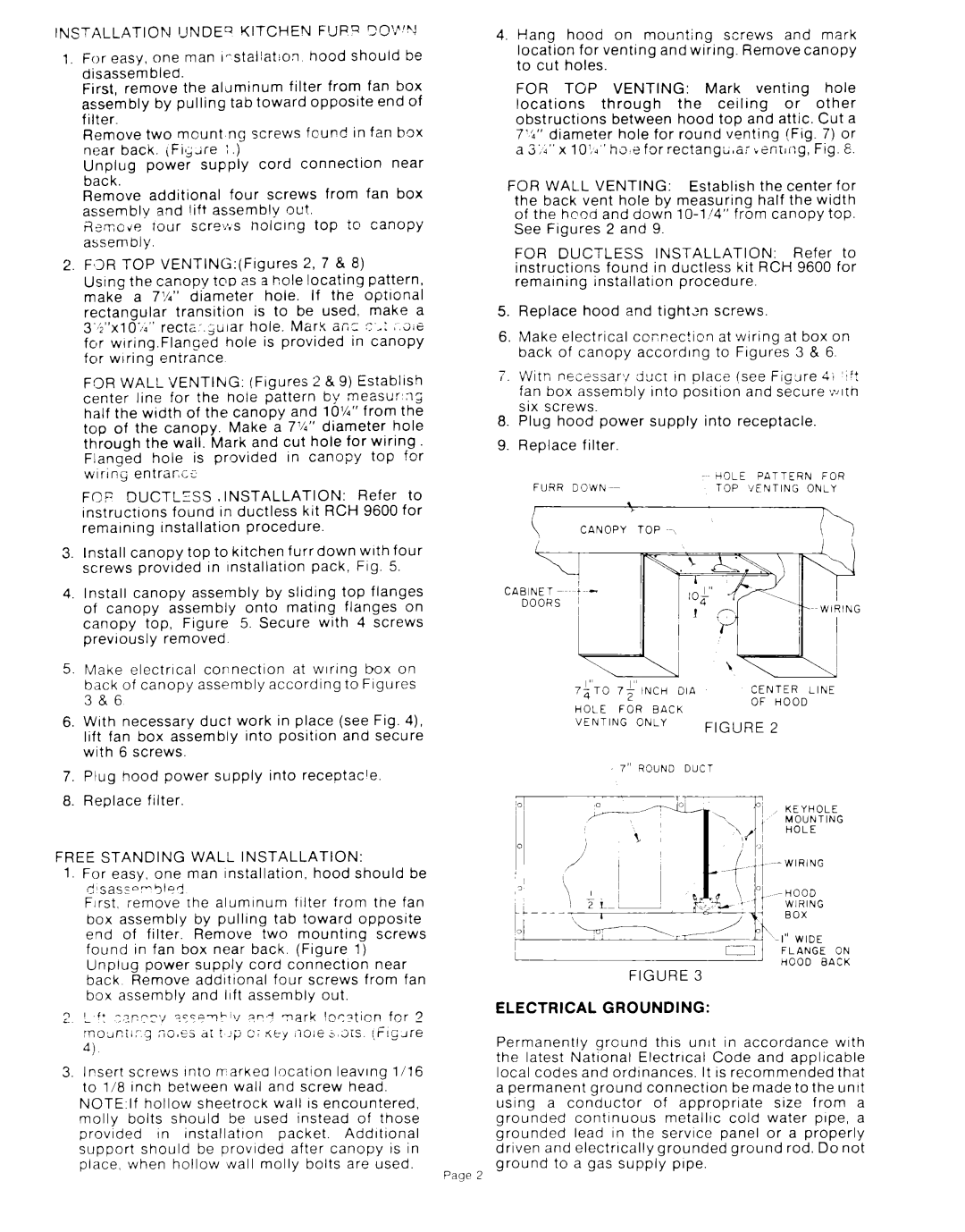 Whirlpool RH9330XL Electrical Grounding, Free Standing Wall Installation, For Wall Venting, For Ductless Installation 