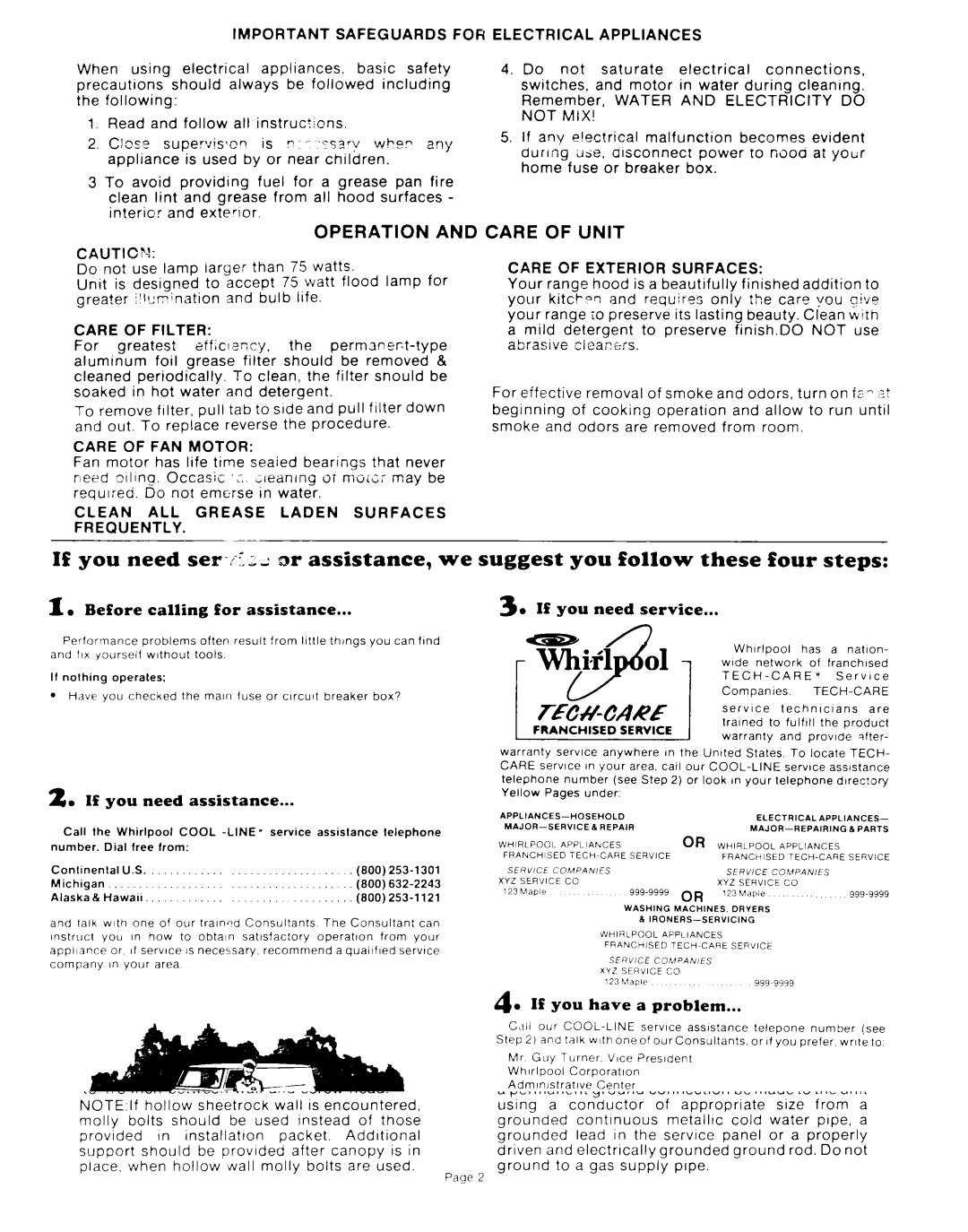 Whirlpool RH9330XL manual Operation, Care of Unit 