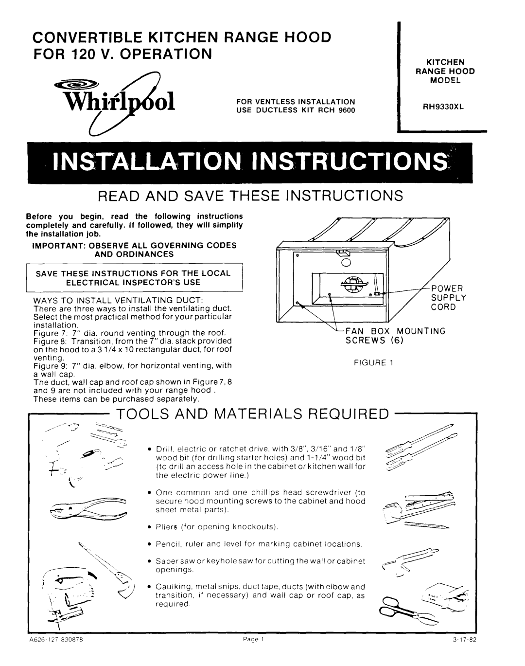 Whirlpool RH9330XL manual CONVERTIBLE KITCHEN RANGE HOOD FOR 120 V. OPERATION, Read And Save These, Instructions 