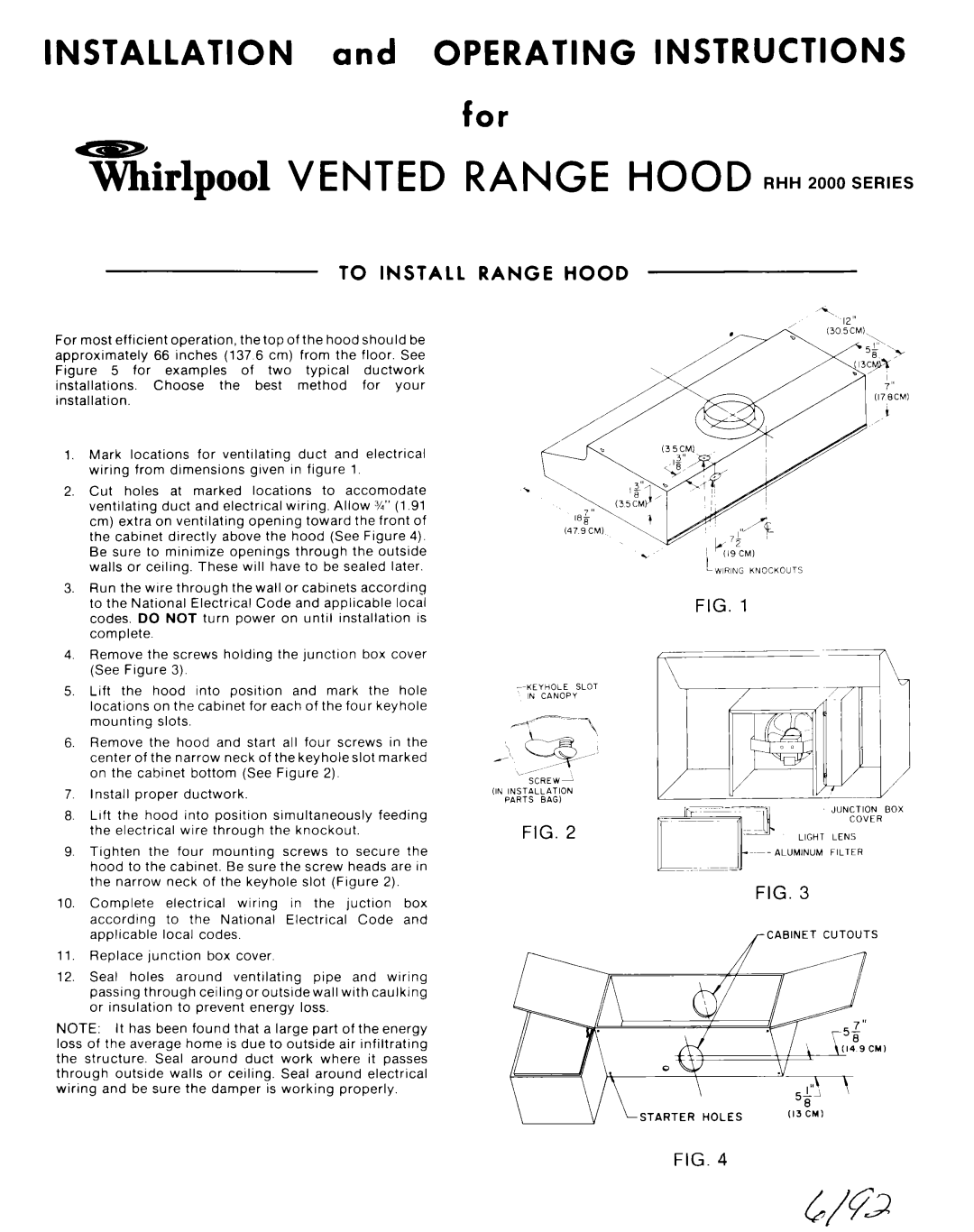 Whirlpool RHH 2000 dimensions Installation and Operating Instructions, To Install Range Hood, Vented Range Hood 