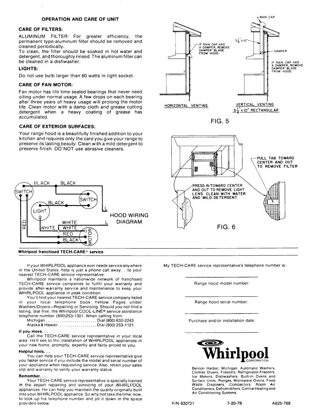 Whirlpool RHH 2300 dimensions Operation and Care of Unit Care of Filters, Lights, Care FAN Motor, Care Exterior Surfaces 