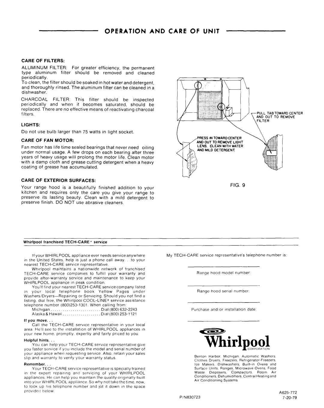 Whirlpool RHH 4300 Operation and Care of Unit, Care of Filters, Lights, Care of FAN Motor, Care of Exterior Surfaces 