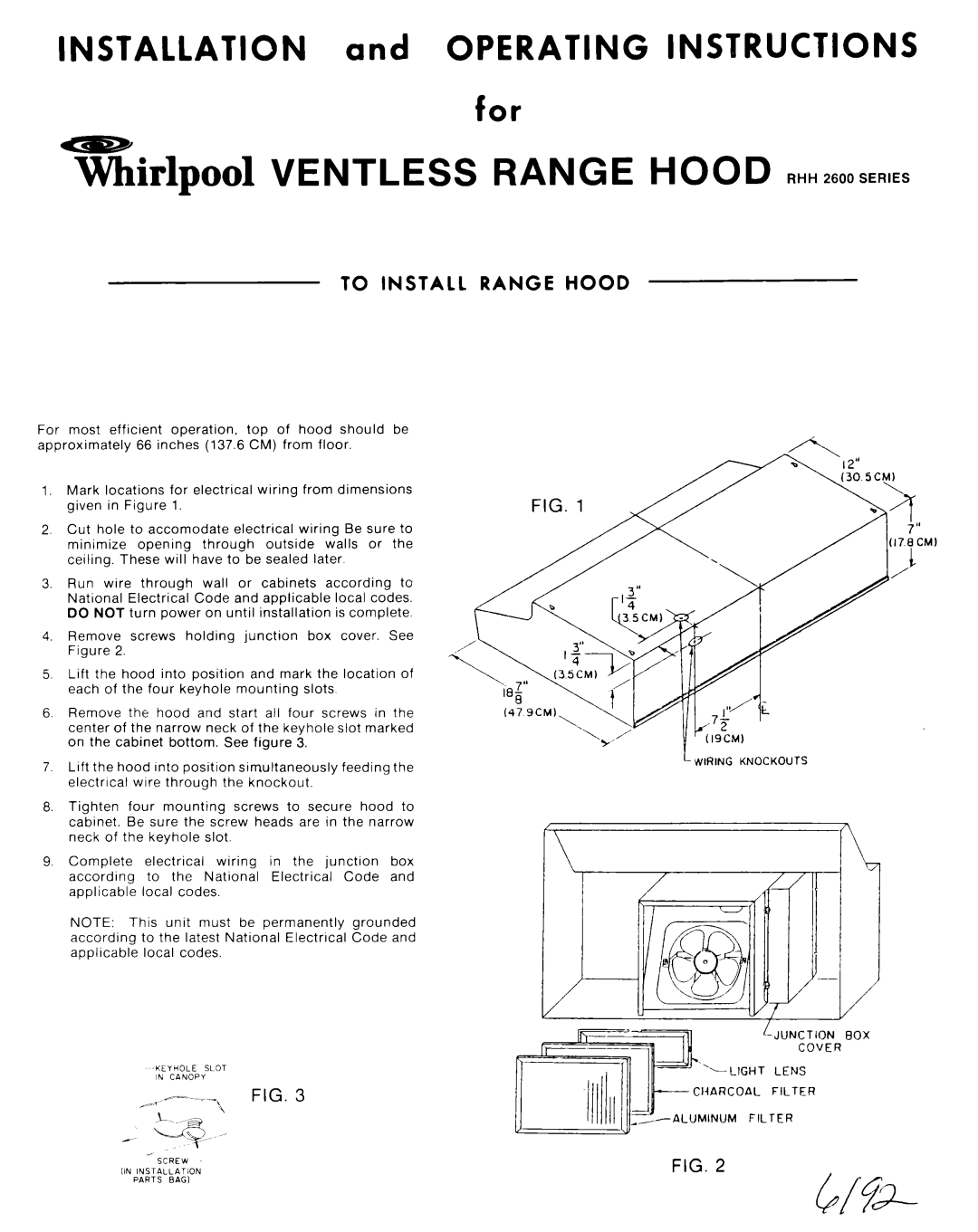 Whirlpool dimensions To Install Range Hood, Screw, whirlpool, Ventless, HOODRHH2600SERlES, INSTALLATION and OPERATING 