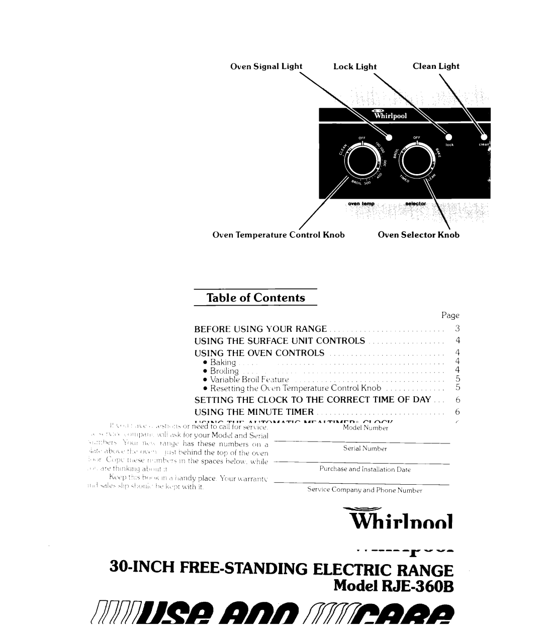 Whirlpool RIE360B manual Table of Contents 