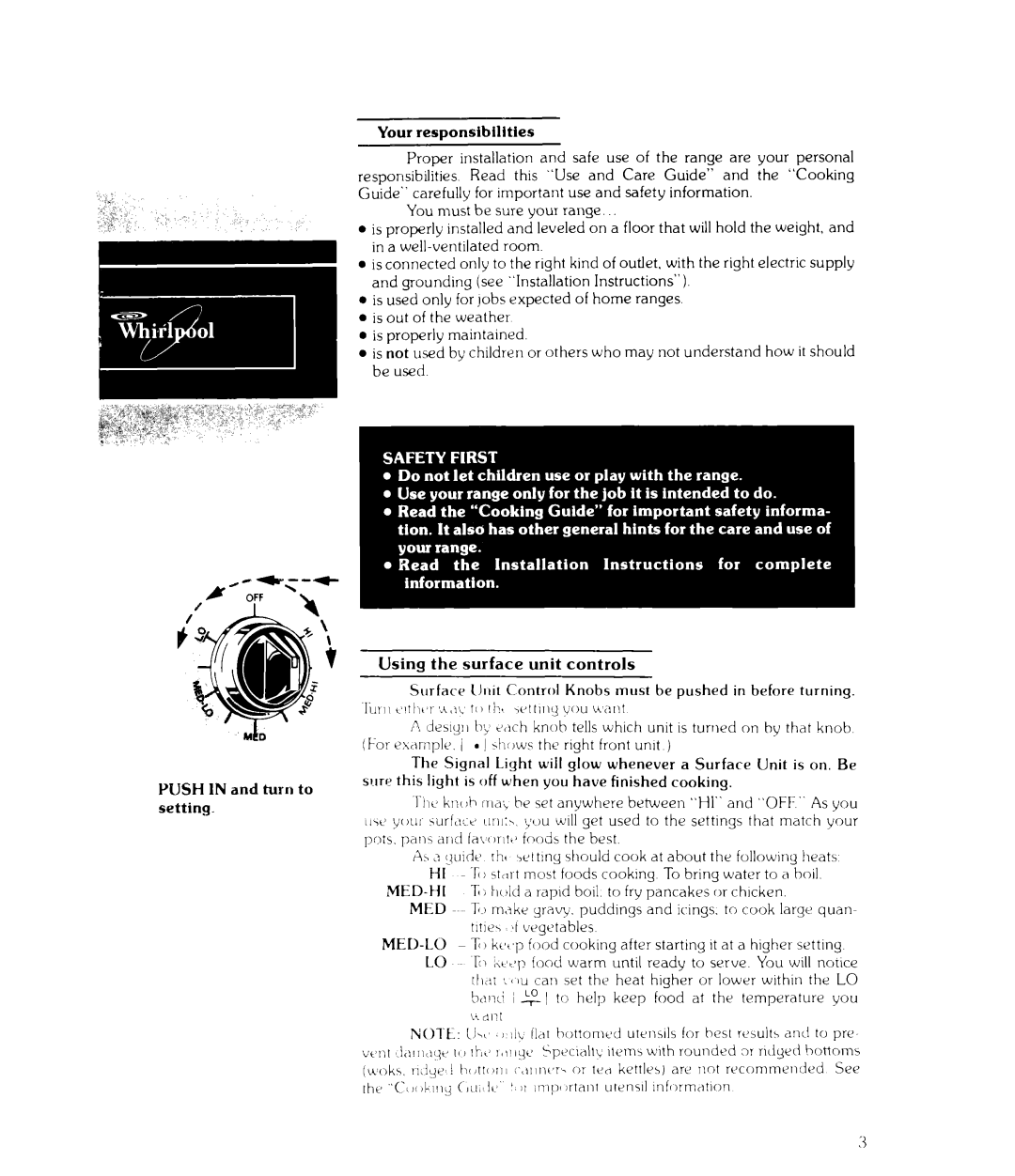 Whirlpool RJE-3000 manual Yush 1N and turn to setting Your, Using the surface unit controls, Hottomt~d, Imp Lftilnt 