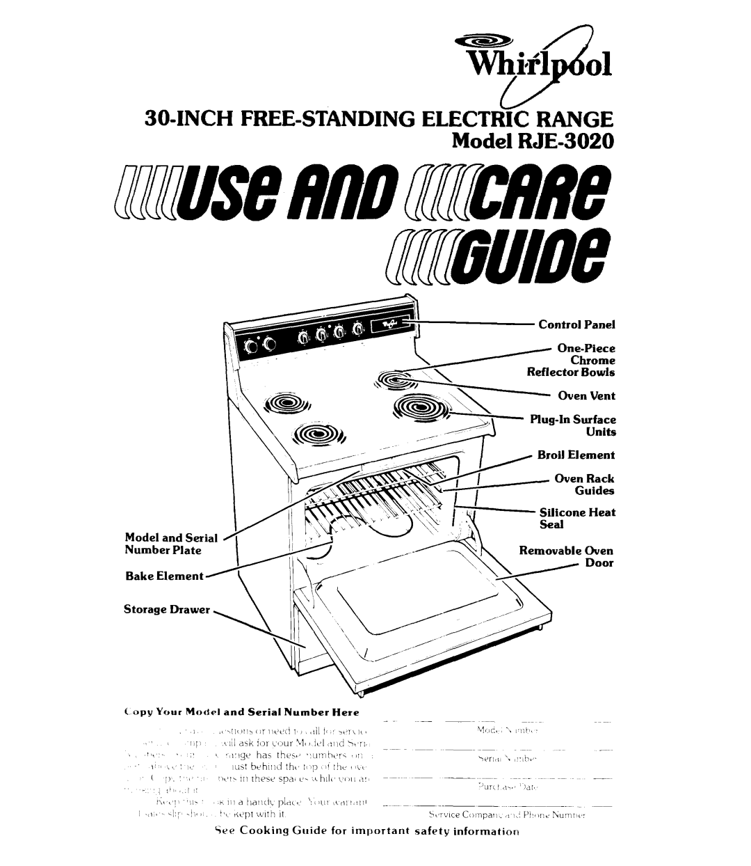 Whirlpool manual SO-INCH FREE-STANDING Electric Range Model RJE-3020, One-Piece Chrome Reflector Bowls Oven Vent 