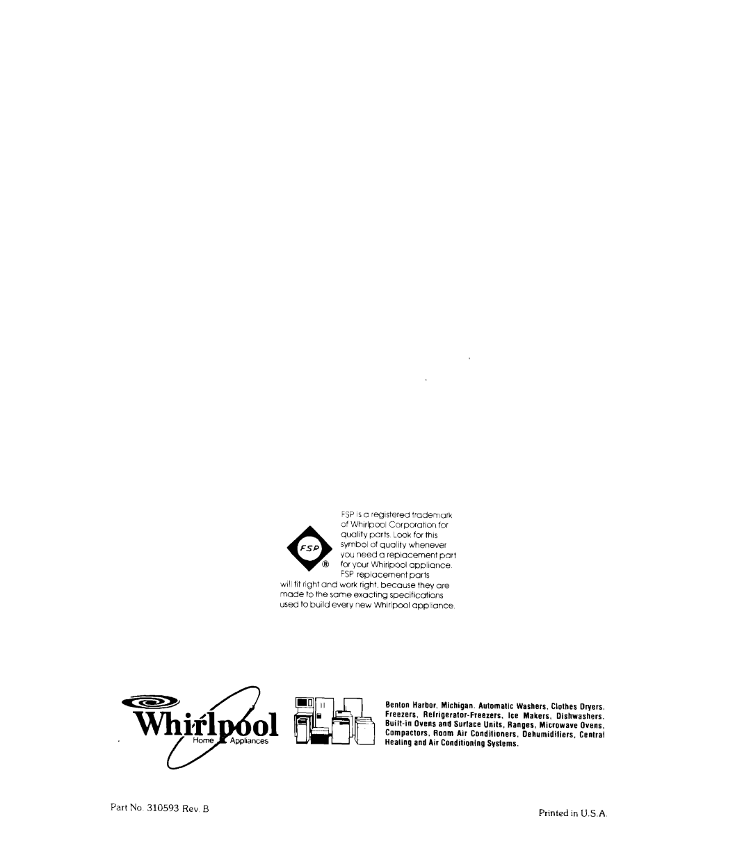 Whirlpool RJE-3020 manual Part No 310593 Rev B 