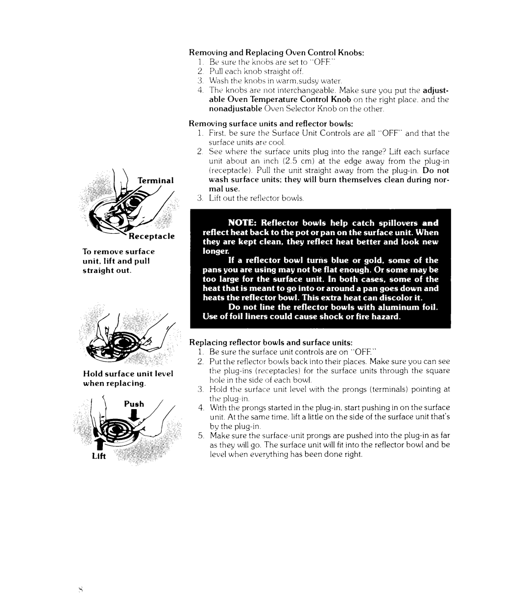 Whirlpool RJE-3100, RJE-313P Replacing reflector bowls and surface units, Be sure the surface unit controls are on OFF 