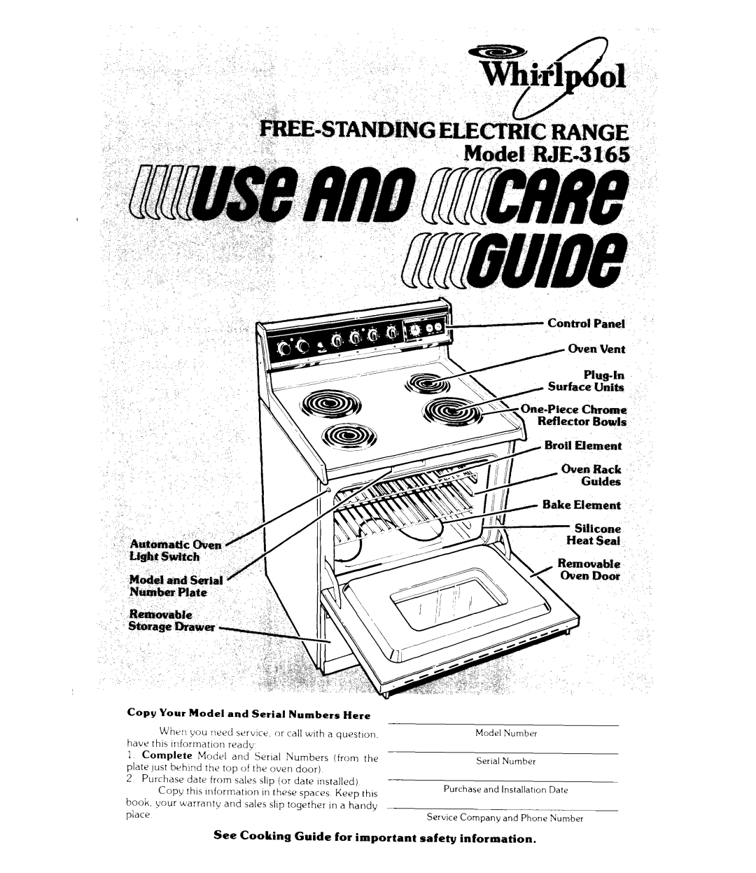 Whirlpool RJE-3165 manual See Cooking Guide for important safety information, Copy Your Model and Serial Numbers Here 