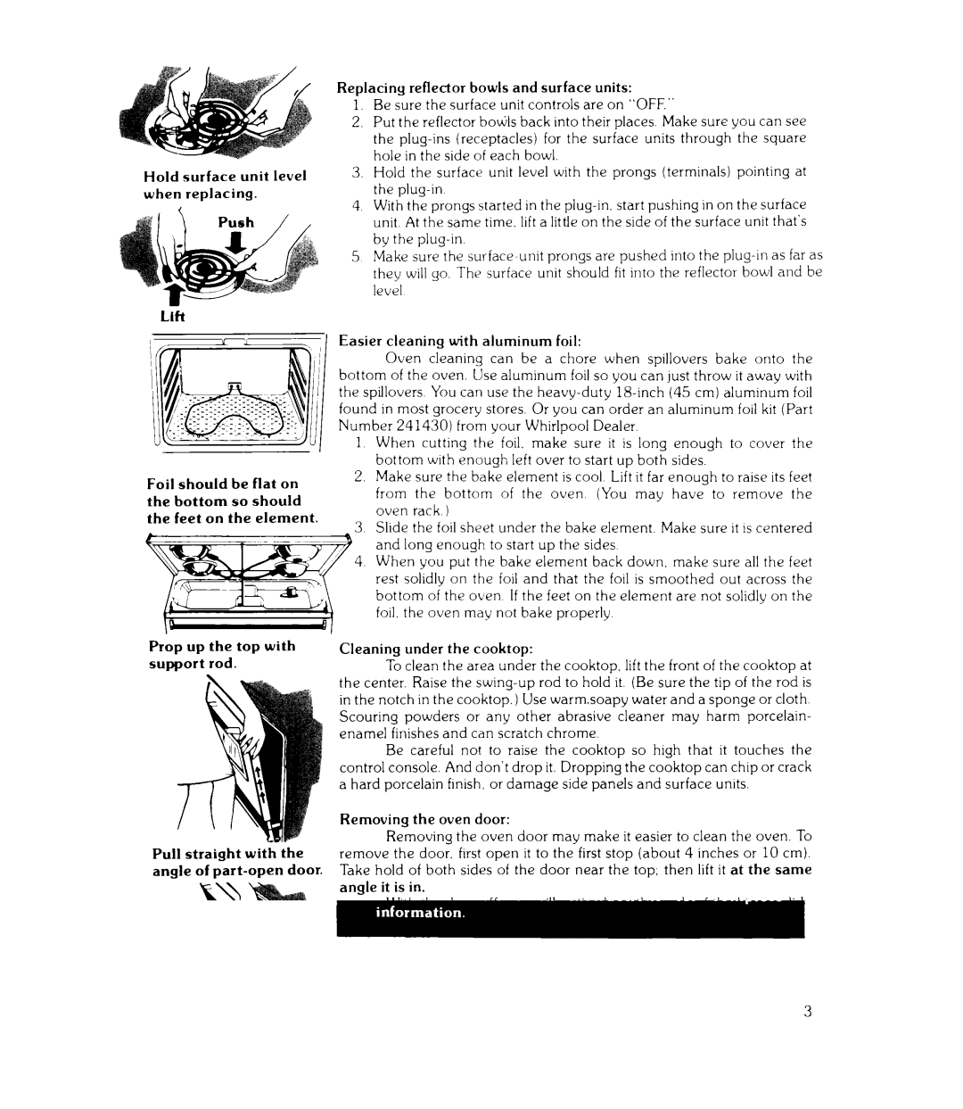 Whirlpool RJE-3165 Easier cleaning with aluminum foil, Cleaning under the cooktop, Removing the oven door, Angle it is 