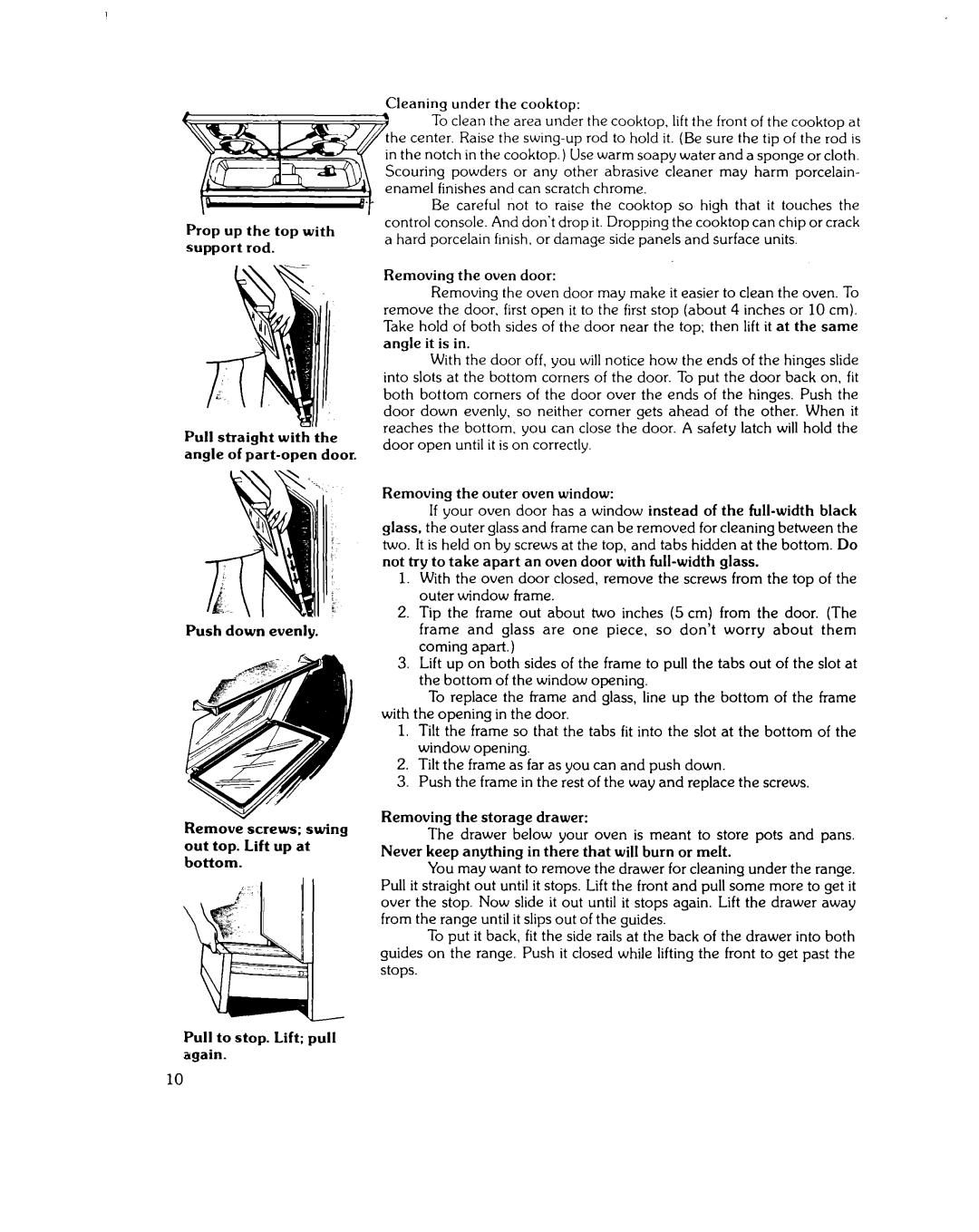 Whirlpool RJE-3300 manual Removing the oven door, Removing the outer oven window, Pull to stop. Lift pull again 