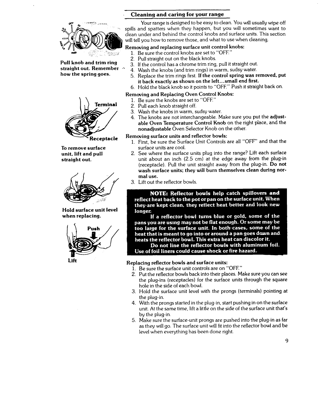 Whirlpool RJE-3300 manual Cleaning and caring for your range, Removing and Replacing Oven Control Knobs 