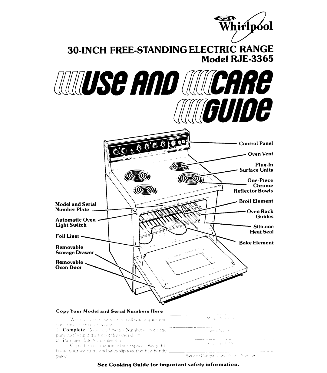 Whirlpool manual SO-INCH FREE-STANDING Electric Range Model RJE-3365 