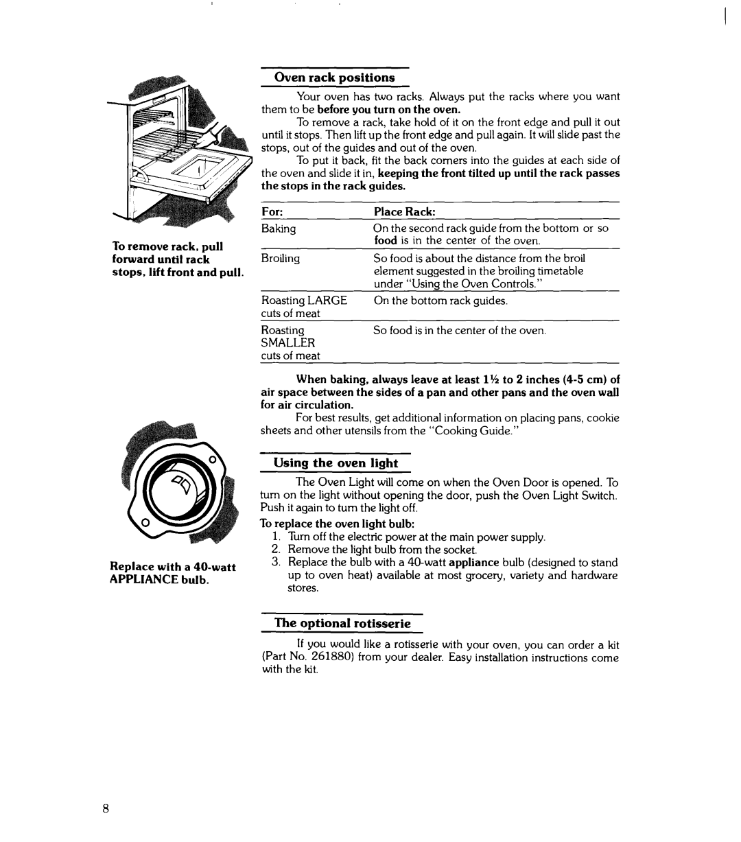 Whirlpool RJE-3365 manual Oven rack positions, Smaller 