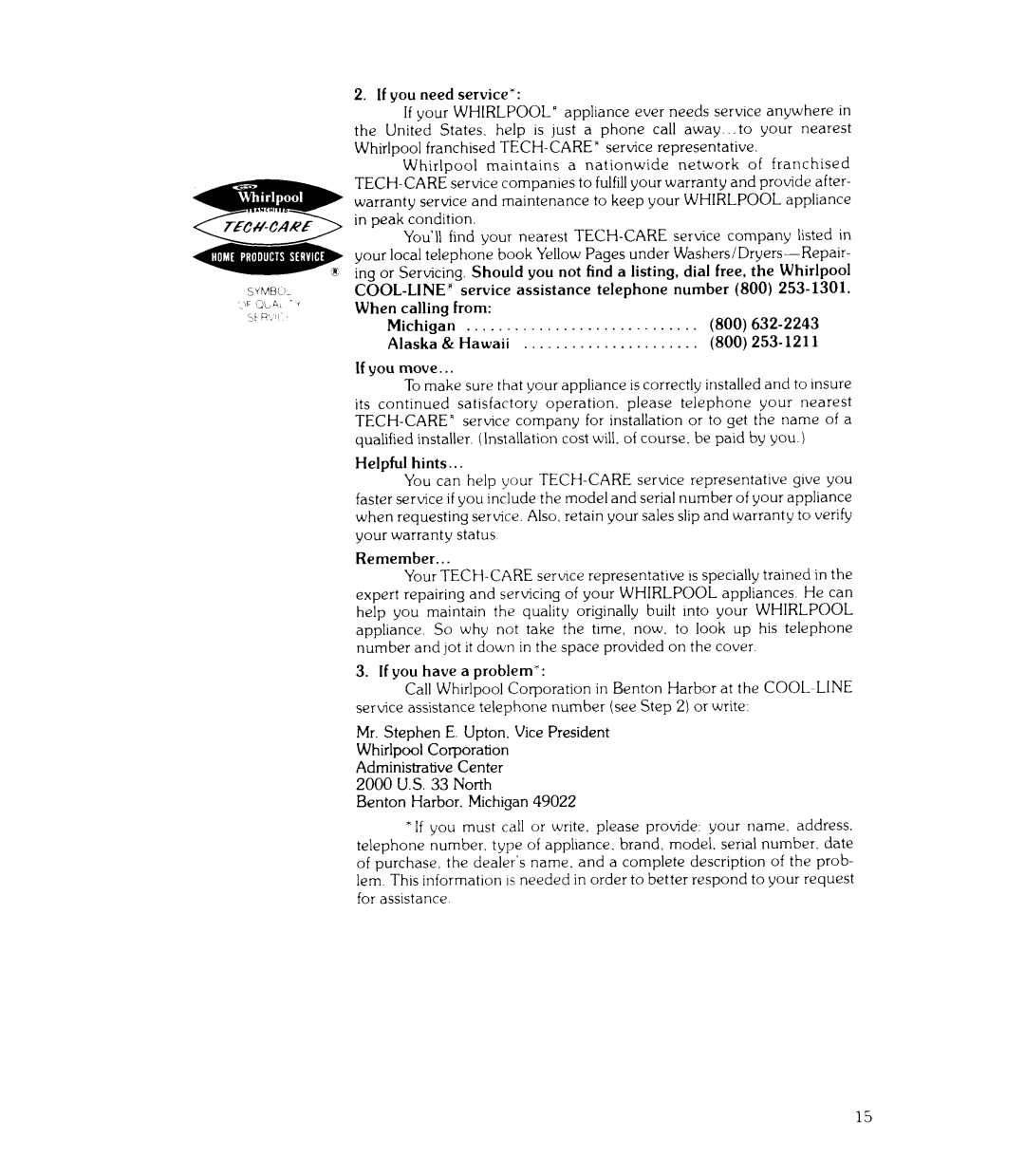 Whirlpool RJE-340P manual If you need service’ 