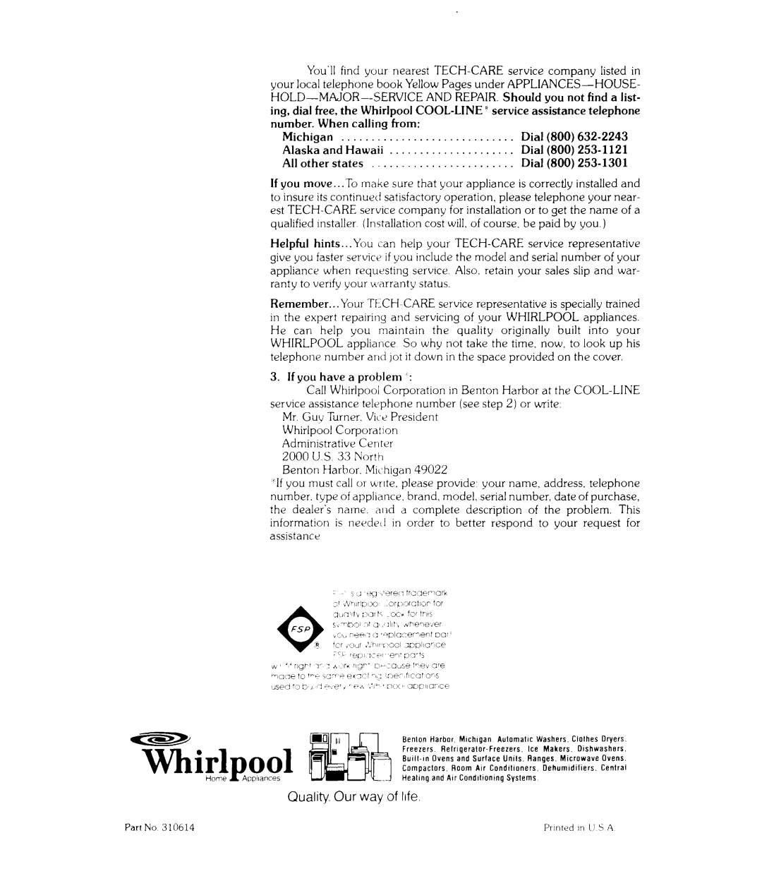 Whirlpool RJE-362B manual T&lpool, Quality. Our way of life 