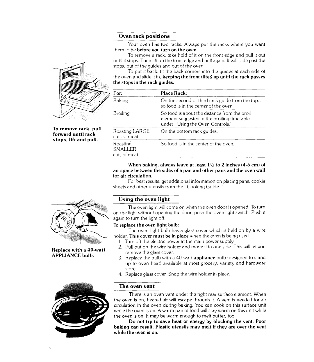 Whirlpool RJE-3700, RJE-3750 manual For Place Rack, Toreplace the oven light bulb 