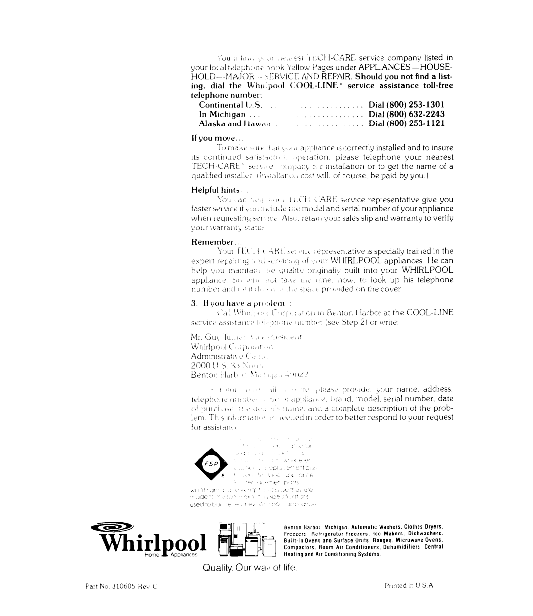 Whirlpool RJE-3700 Continental IJ.S, In Michigan, Alaska and t!aw ?l, If you move, Helpful hints, Remember, Dial, rlpool 