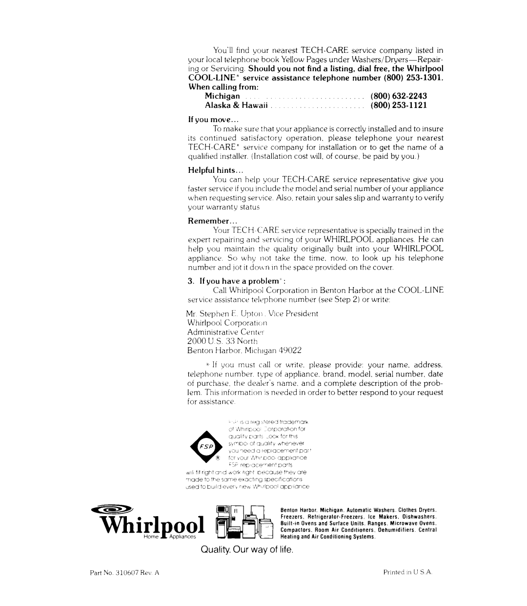 Whirlpool RJE-395P, RJE-390P manual YLirlpool, Quality. Our way of life 