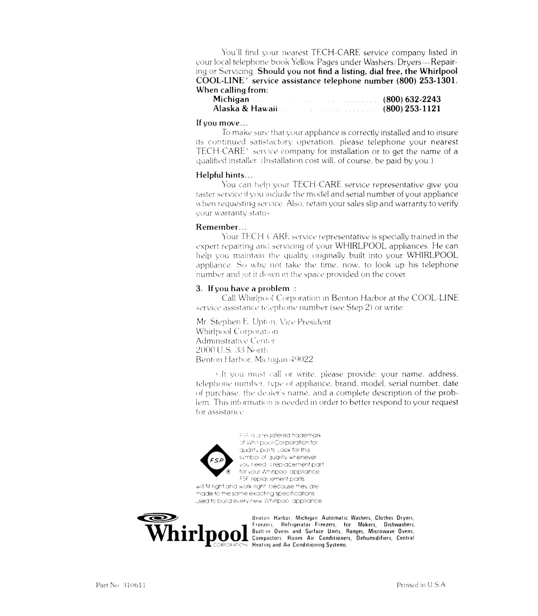Whirlpool RJE-953PP manual 632-2243 