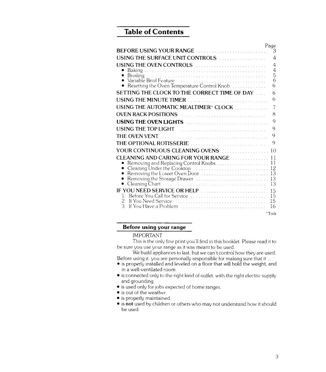 Whirlpool RJE-953PP manual of Contents 