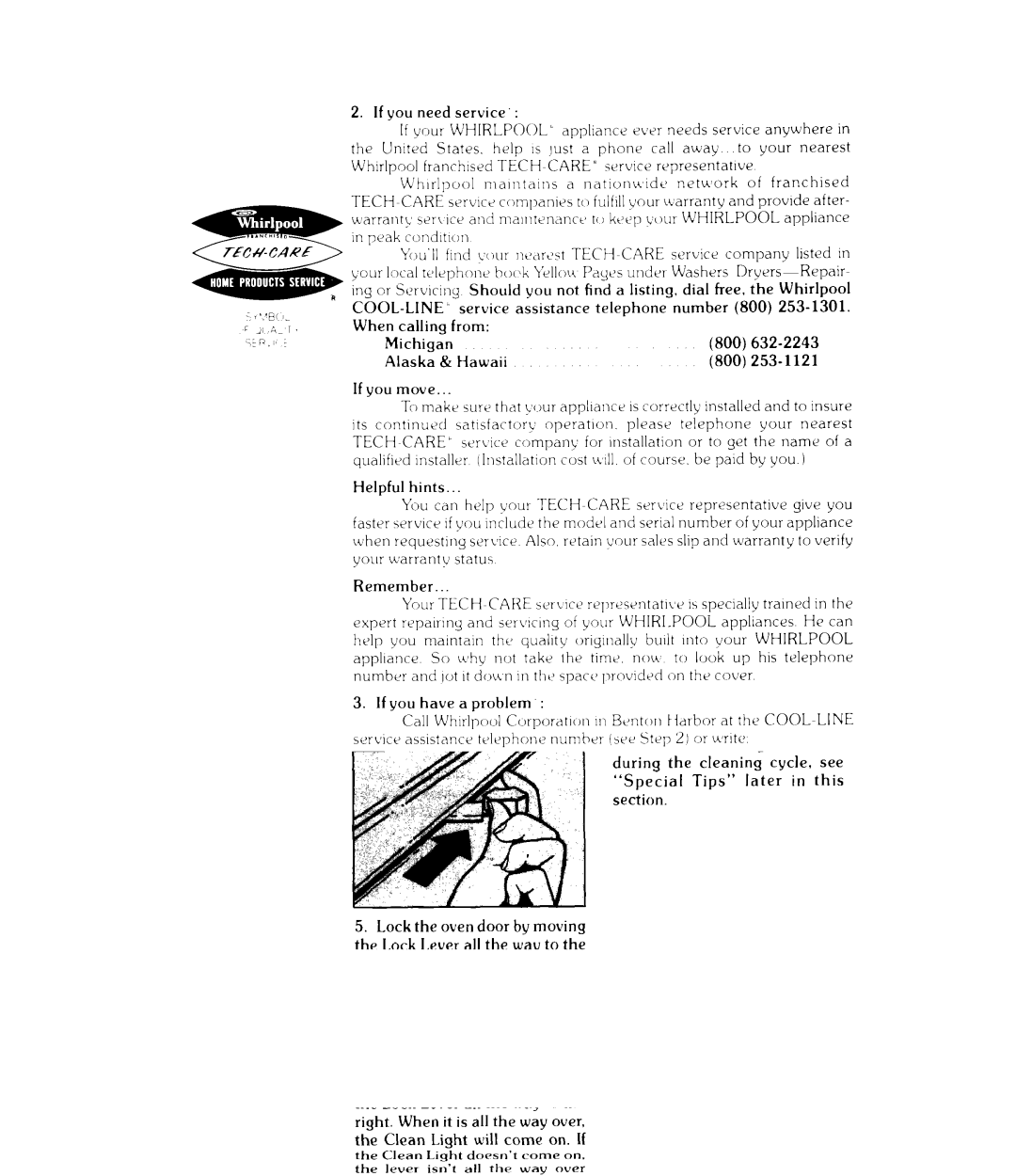 Whirlpool RJE-963PP Cool-Line’, Service assistance telephone Number 800, 800 632-2243, Alaska, 800 253-1121 If you move 