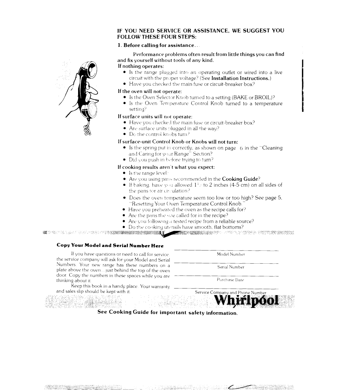 Whirlpool RJE302B warranty Whirlpool, Cool-Line’, Michigan 800 632-2243 Alaska Hawaii 253-1121 