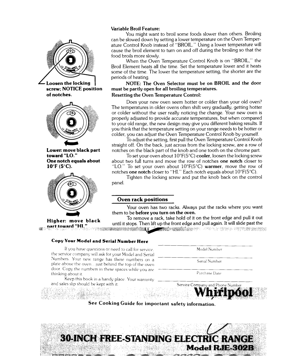 Whirlpool RJE302B warranty Bottom or, Broil, Element suggested in the broiling timetable, Smaller 