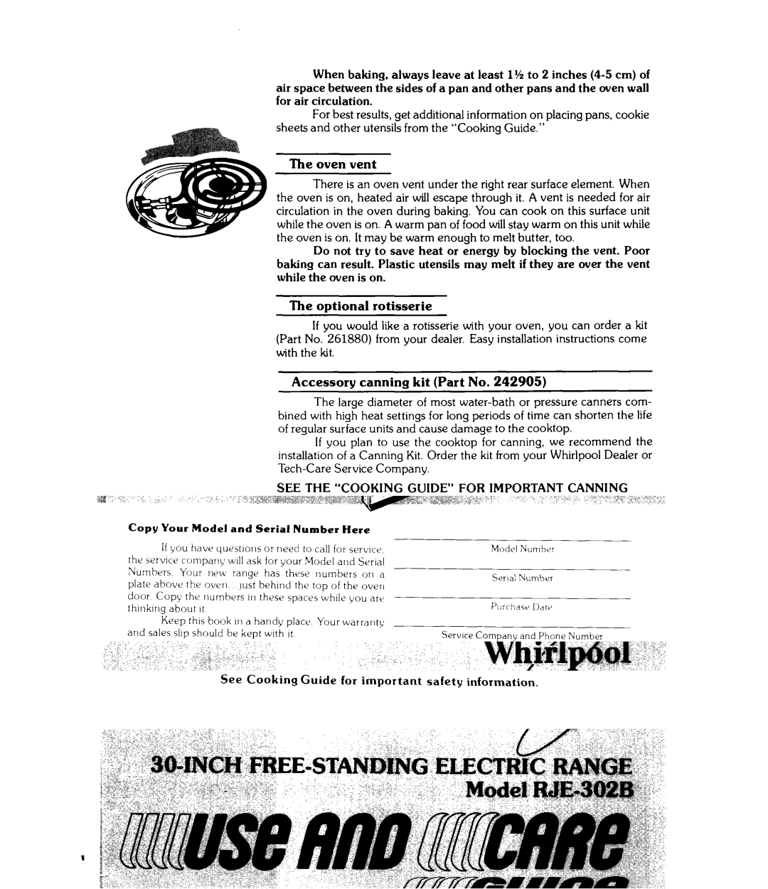 Whirlpool RJE302B warranty Oven vent, See the Cooking Guide for Important Canning Information 