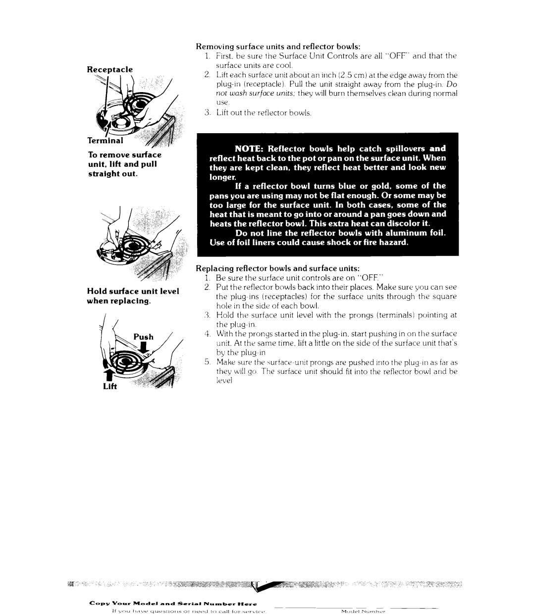 Whirlpool RJE302B Receutacie, To remove surface unit, lift and pull straight out, Hold Surface unit level, When Replacing 