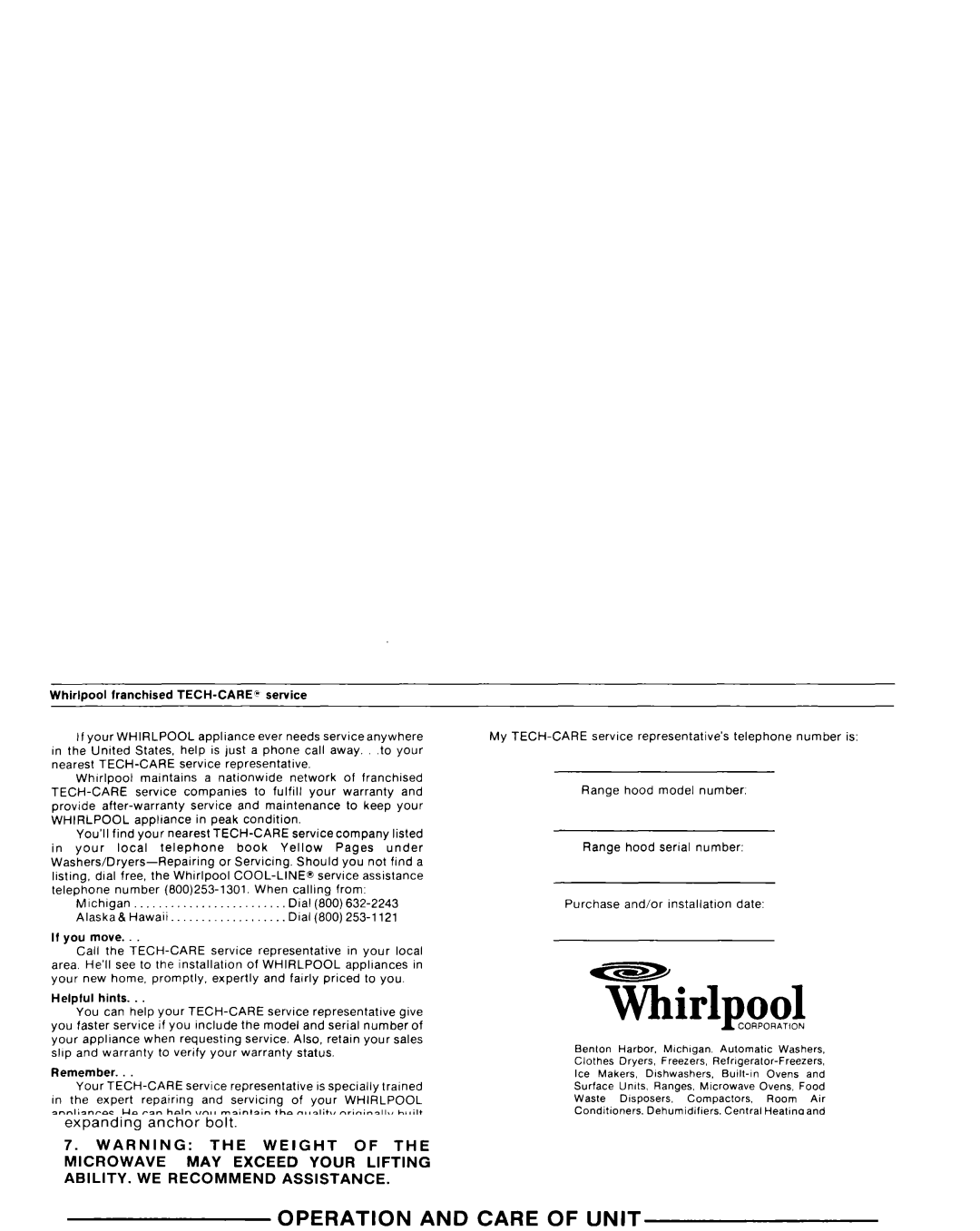 Whirlpool RJH 3330-1 operating instructions ~irlpool 