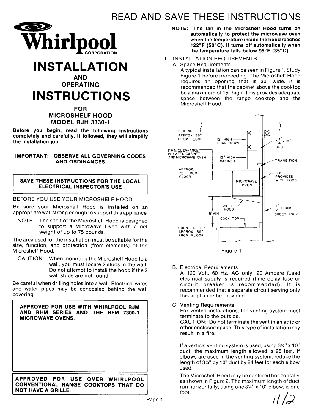 Whirlpool RJH 3330-1 operating instructions YLrlmml, Installation, 3‘IO”, Read And Save These Instructions 