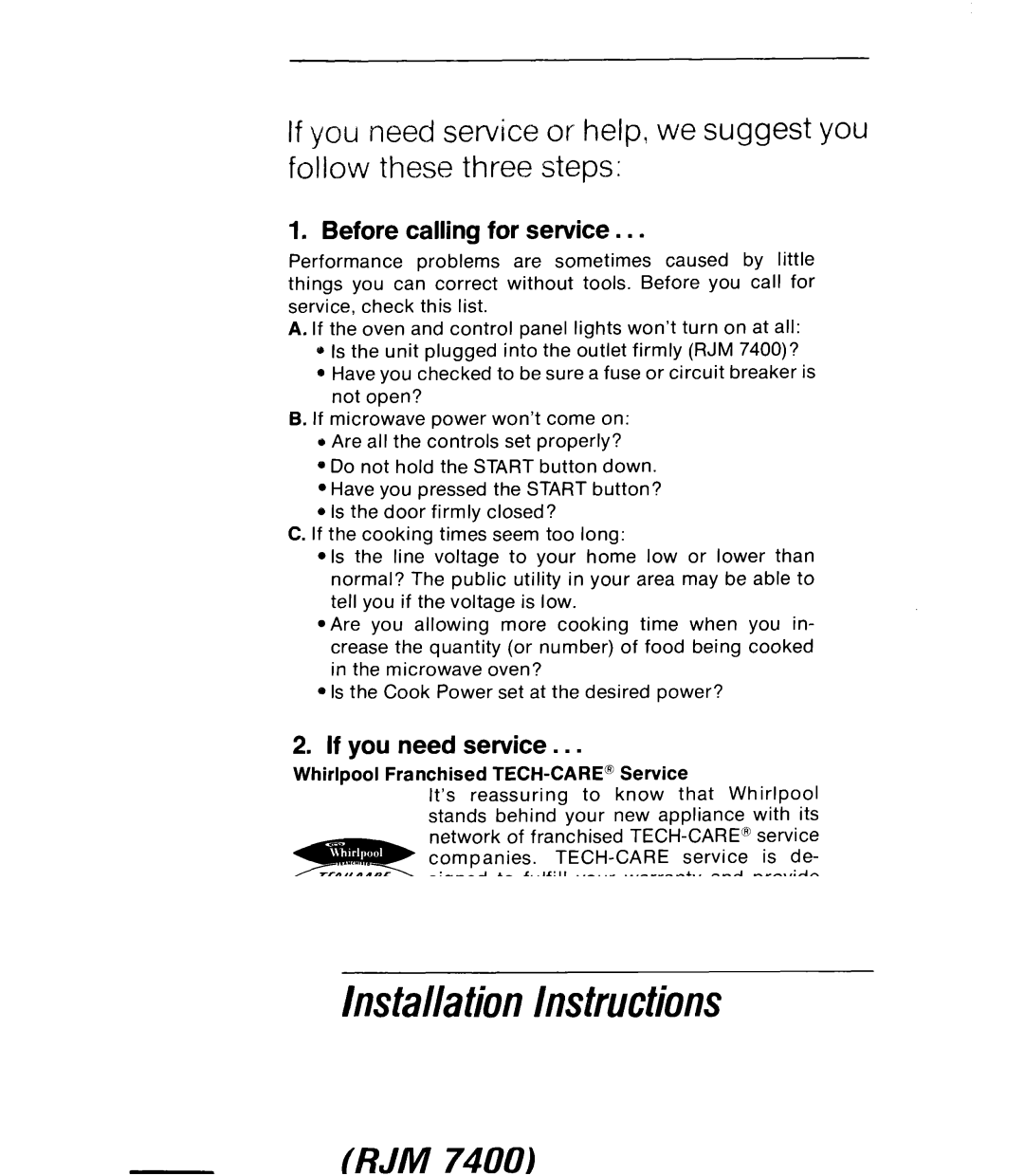 Whirlpool RJM 7400, RJM 2840 manual Before calling for service 