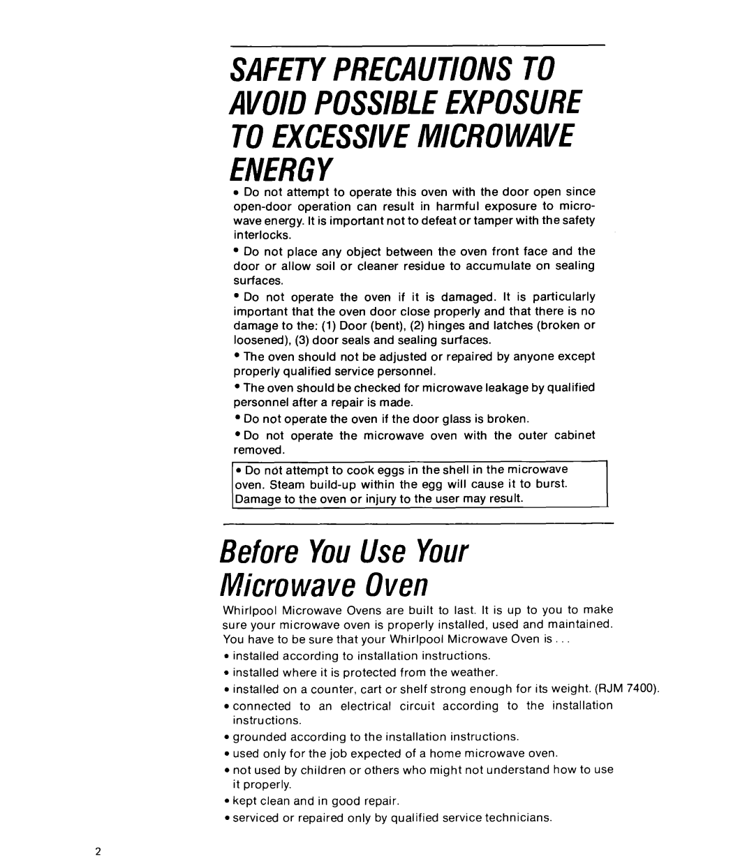 Whirlpool RJM 7400, RJM 2840 manual Before YouUse Your Microwave Oven 