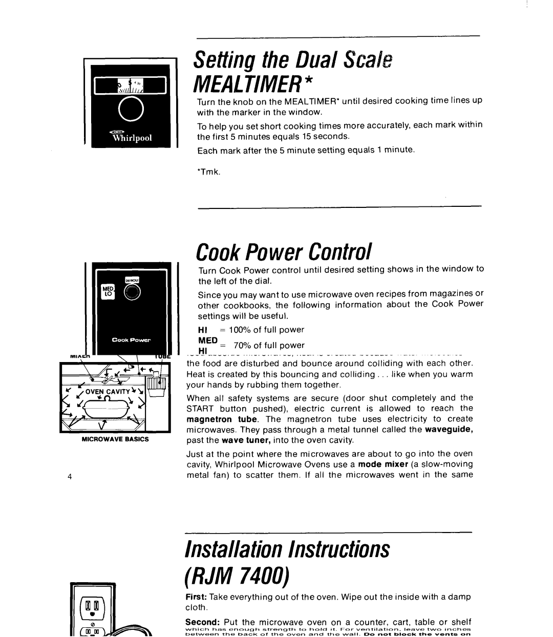 Whirlpool RJM 2840, RJM 7400 manual Setting the Dual, CookPower Control, ToDefrost With Your Microwave Oven 