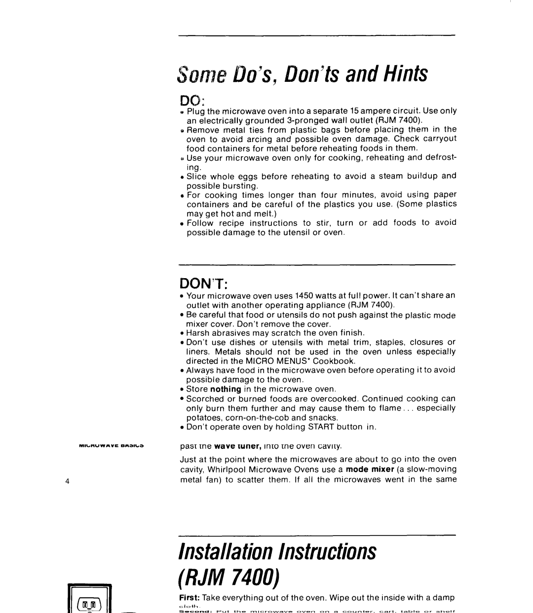 Whirlpool RJM 7400, RJM 2840 manual On’ts and Hints, Don’T 