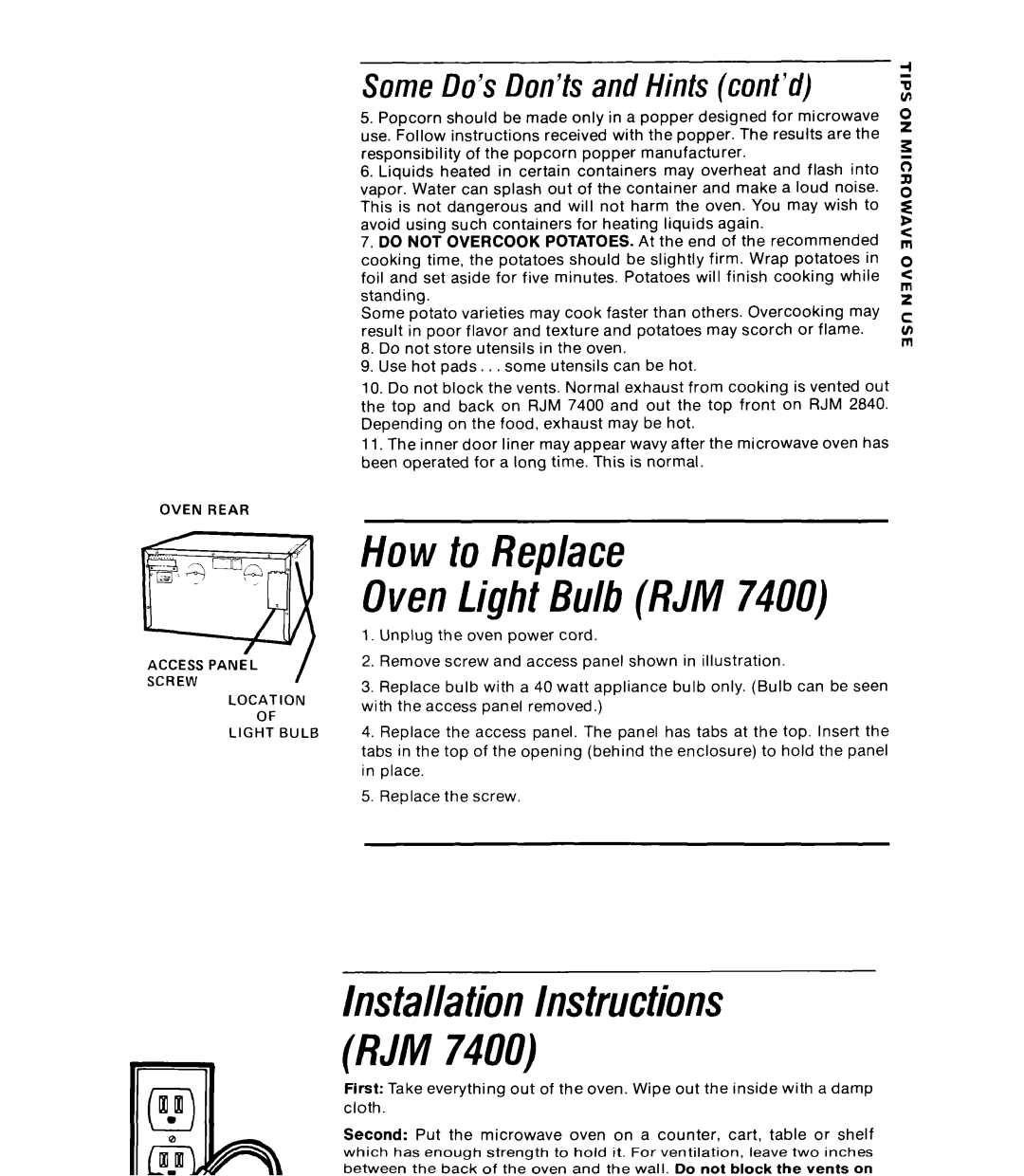 Whirlpool RJM 2840, RJM 7400 manual How to Replace OvenLight Bulb RJM, CleaningYourMicrowave Oven 