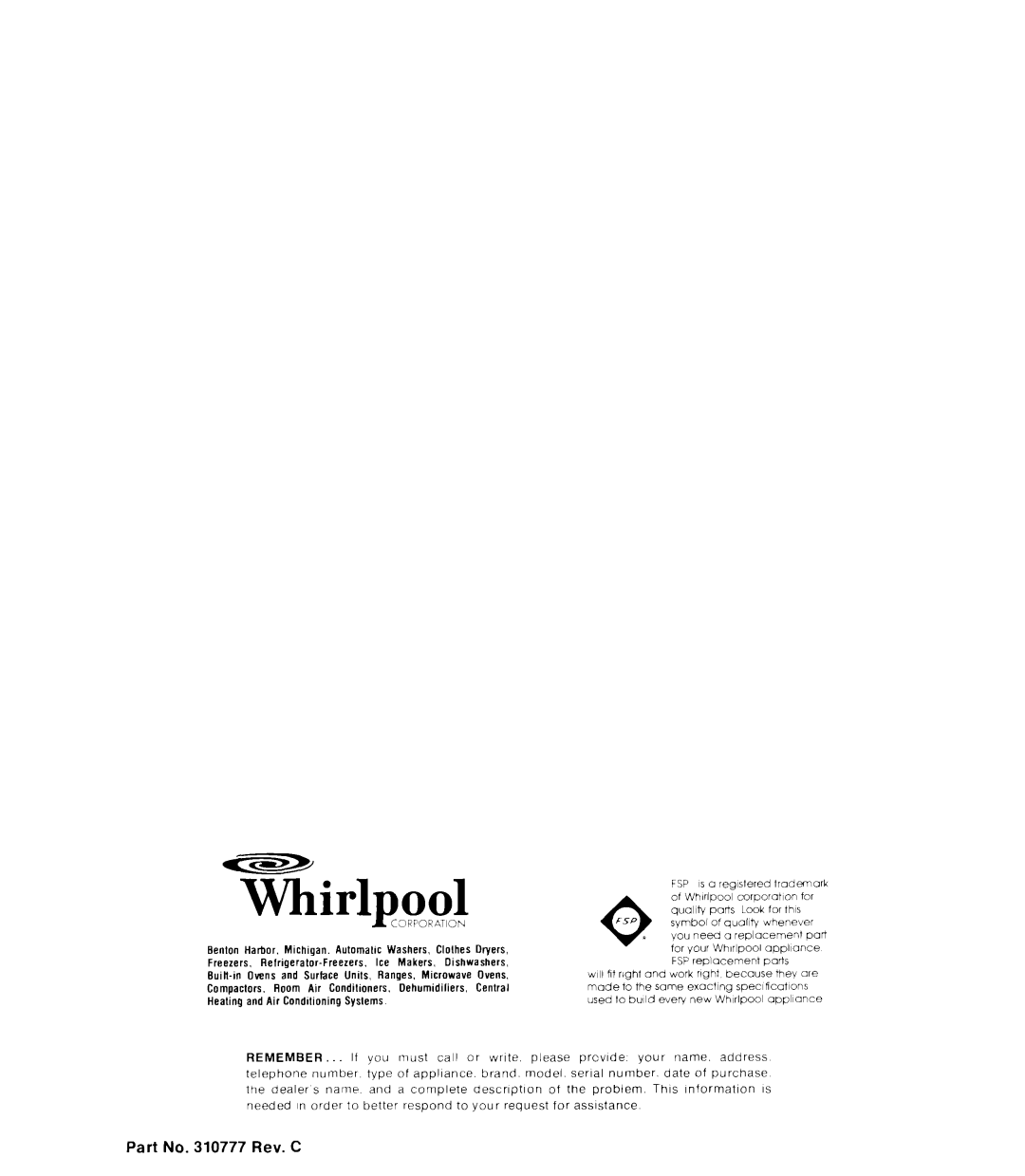Whirlpool RJM 7400, RJM 2840 manual Whirlpool, Part No. 310777 Rev. C, oppl~ance 