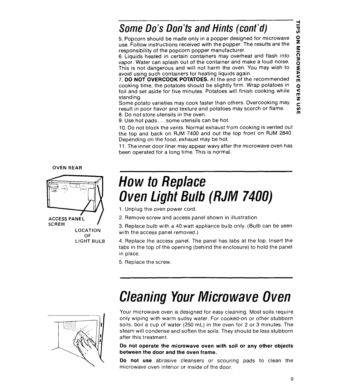 Whirlpool RJM 2840 manual How to Replace OvenLight Bulb RJM, CleaningYourMicrowave Oven, Some Do’s Don’ts and Hints cont’d 