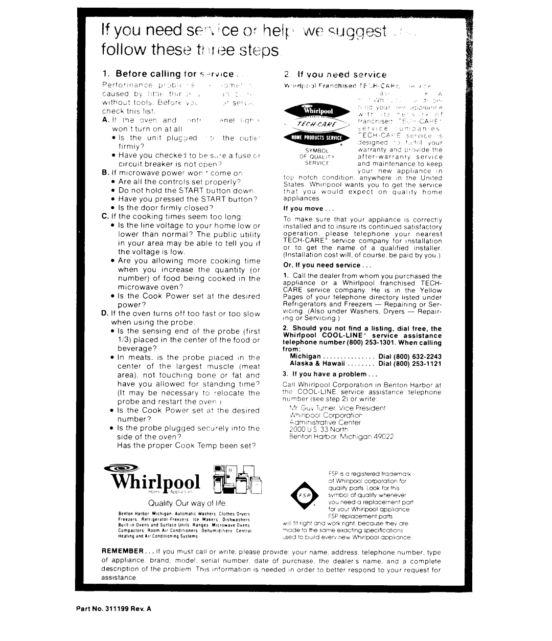 Whirlpool RJM 7450 manual Before calling far 5-rrlce 