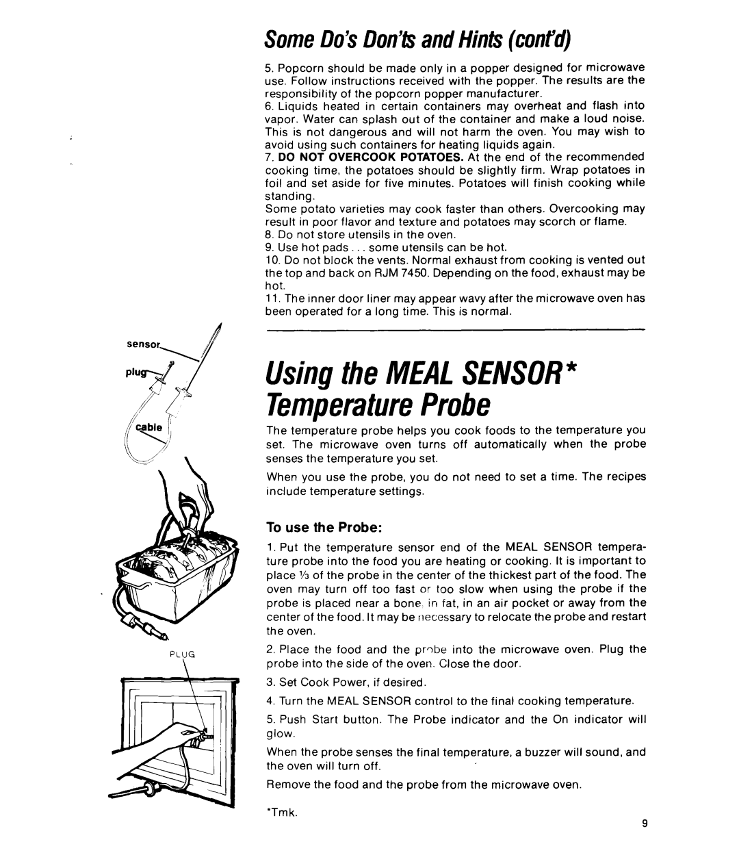 Whirlpool RJM 7450 manual Usingthe MEALSENSOR* TemperatureProbe 