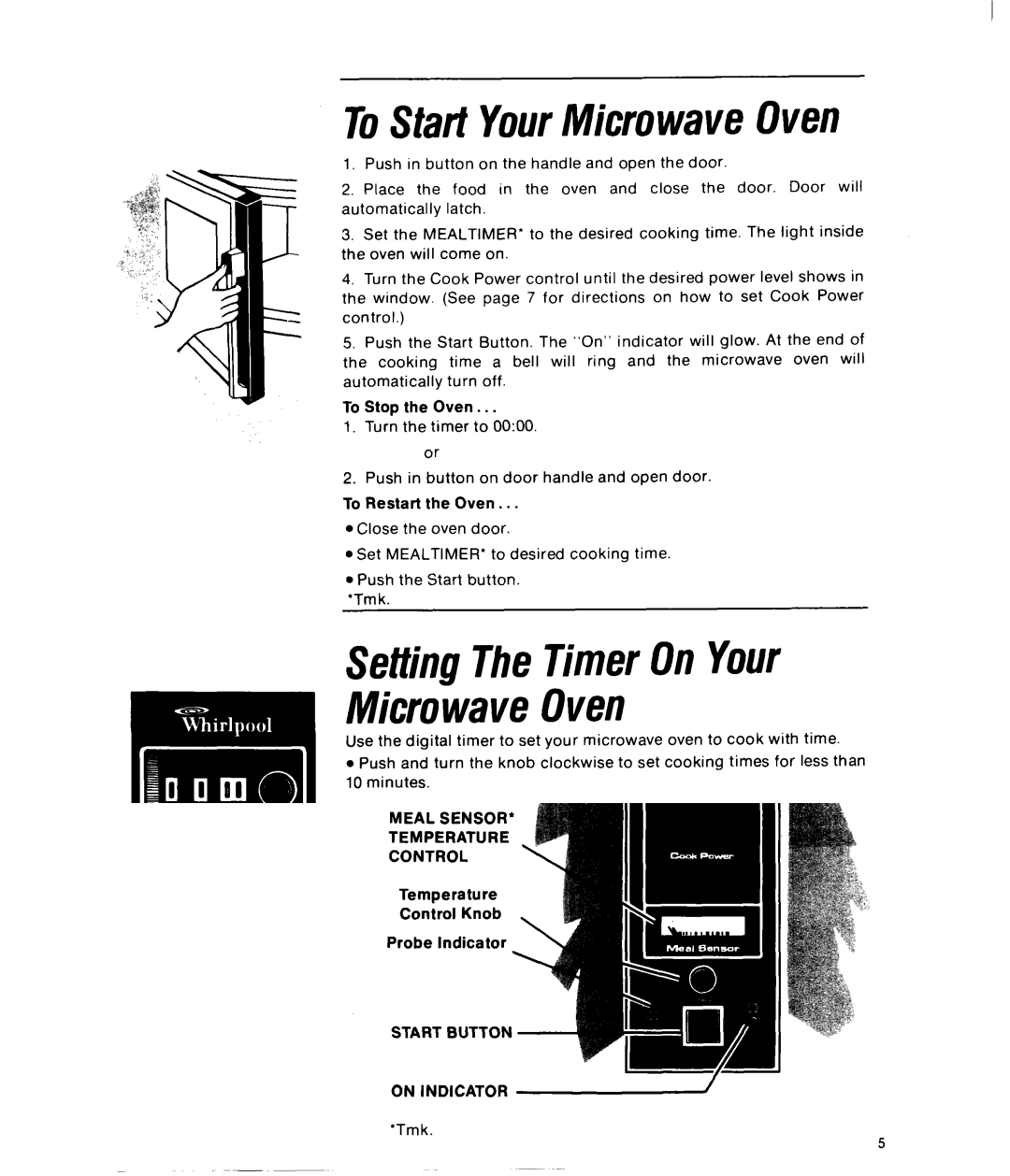 Whirlpool RJM 7500 manual ToStartYourMicrowaveOven, SettingTheTimerOnYour MicrowaveOven 