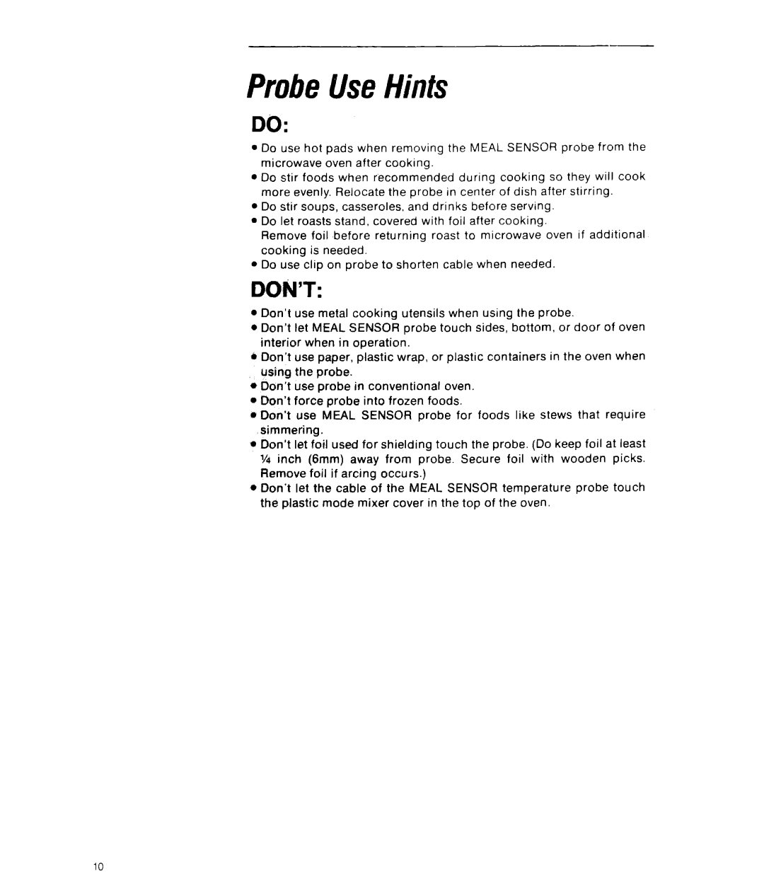 Whirlpool RJM 7500 manual ProbeUseHints, Don’T 