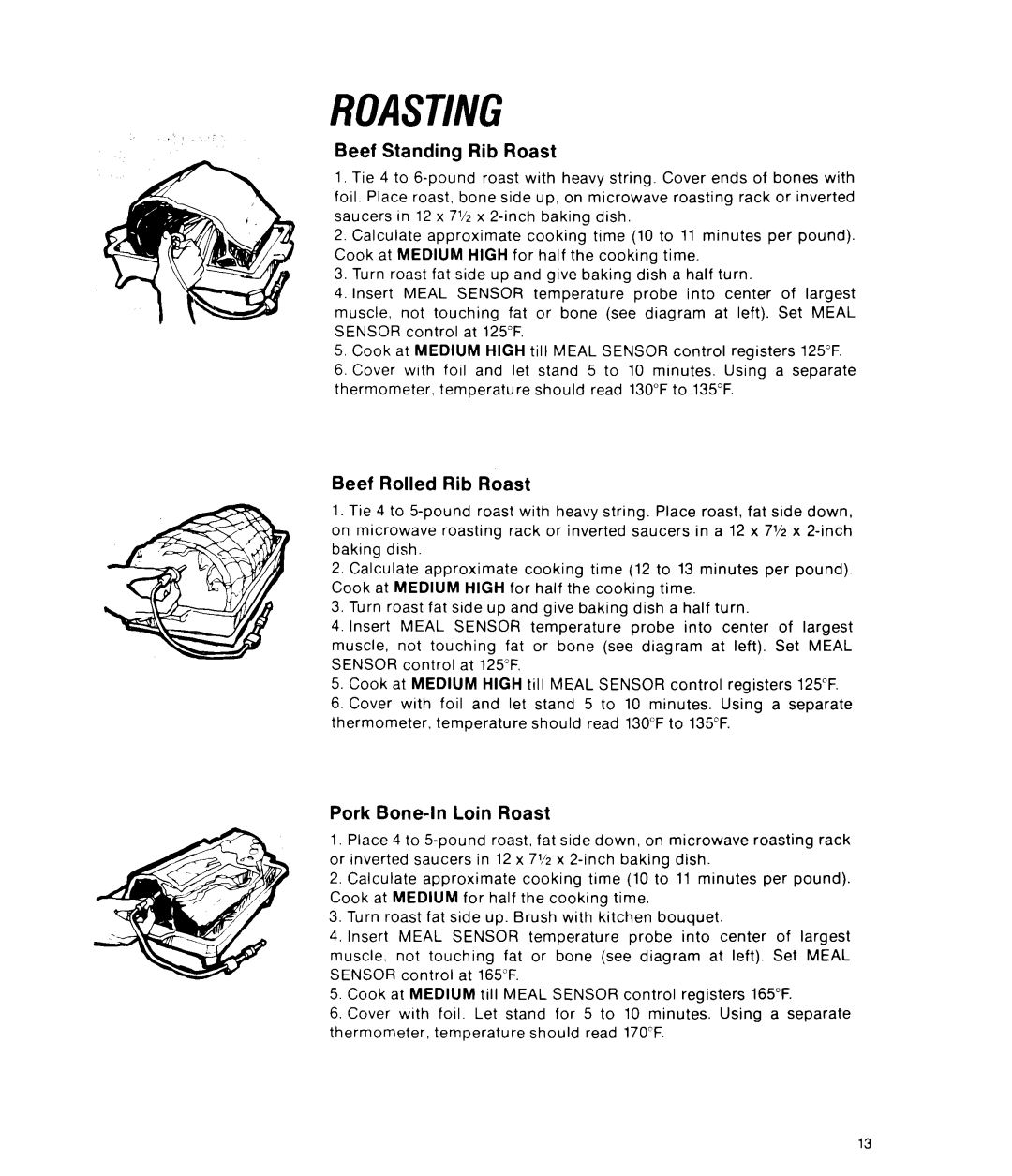 Whirlpool RJM 7500 manual Roasting, Beef Standing Rib Roast, Beef Rolled Rib Roast, Pork Bone-InLoin Roast 